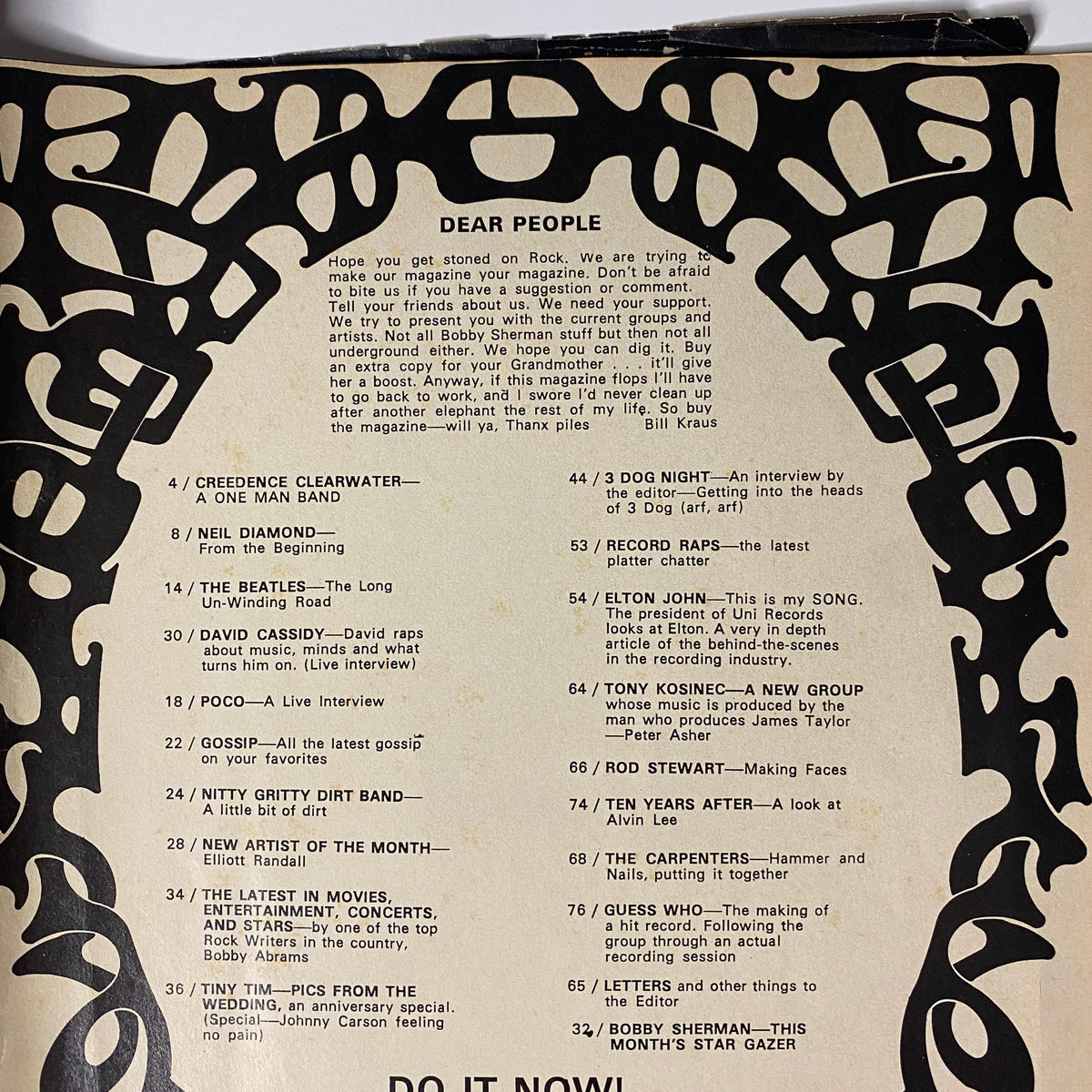 Table of contents from Rock Spectacular Magazine 1970 detailing features on artists like Creedence Clearwater Revival, Neil Diamond, and David Cassidy.