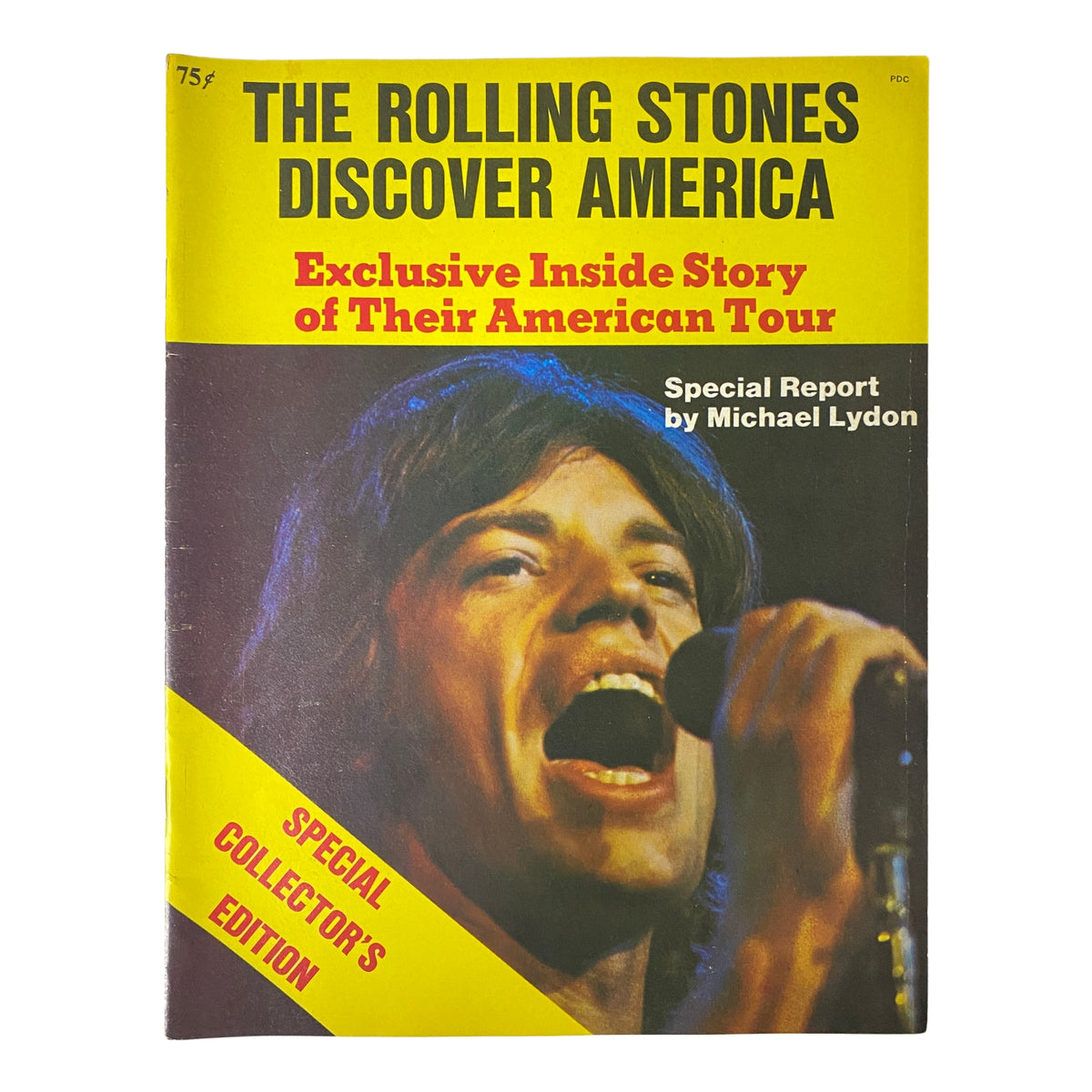 Cover of the 1970 The Rolling Stones Discover America magazine featuring a vibrant yellow background and an iconic image of Mick Jagger, highlighting the exclusive inside story of their American tour.
