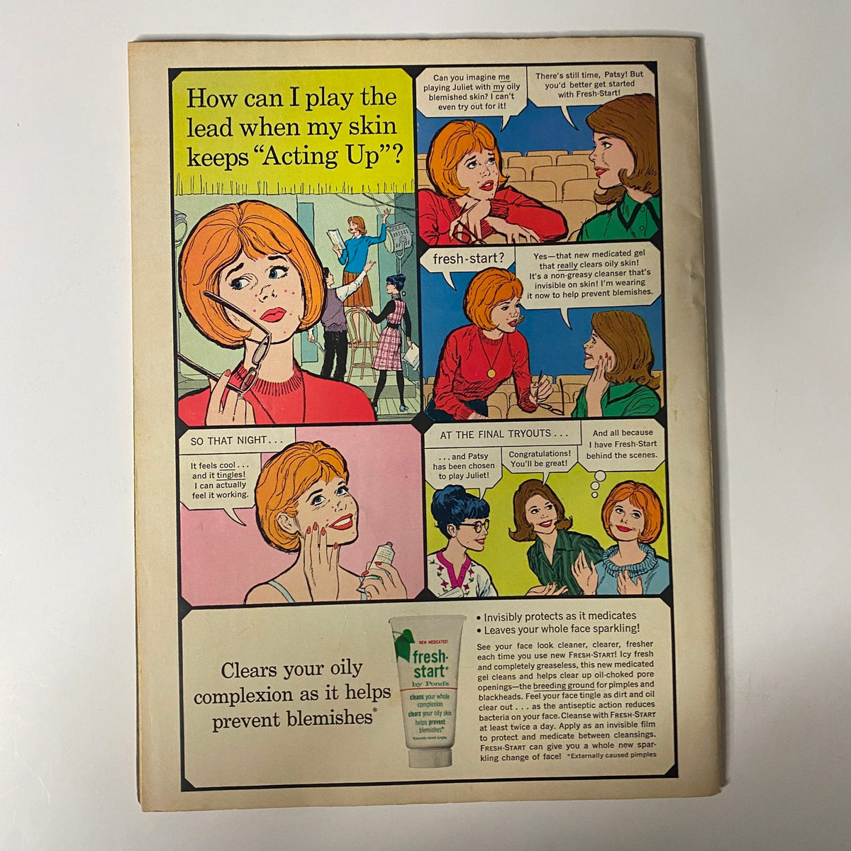 Back cover of Movie Stars Magazine January 1965, depicting a comic-style advertisement for a skin care product, titled 'How can I play the lead when my skin keeps 'Acting Up'?' with illustrated characters discussing skin care.