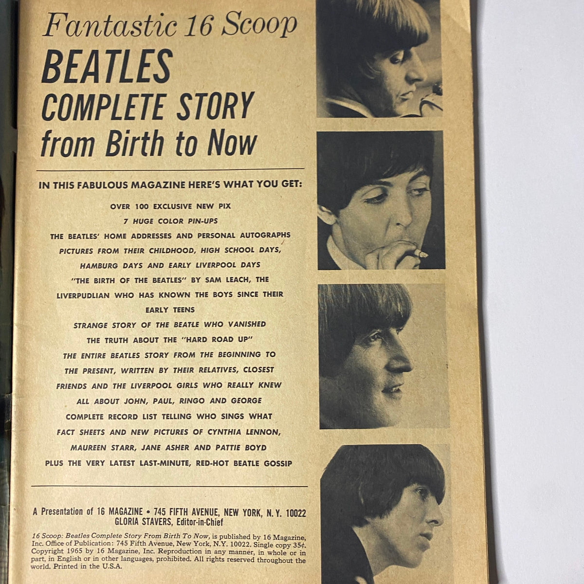 Interior page of the 1965 16 Scoop: Beatles Complete Story from Birth to Now showcasing the introduction and details about the Beatles' journey.