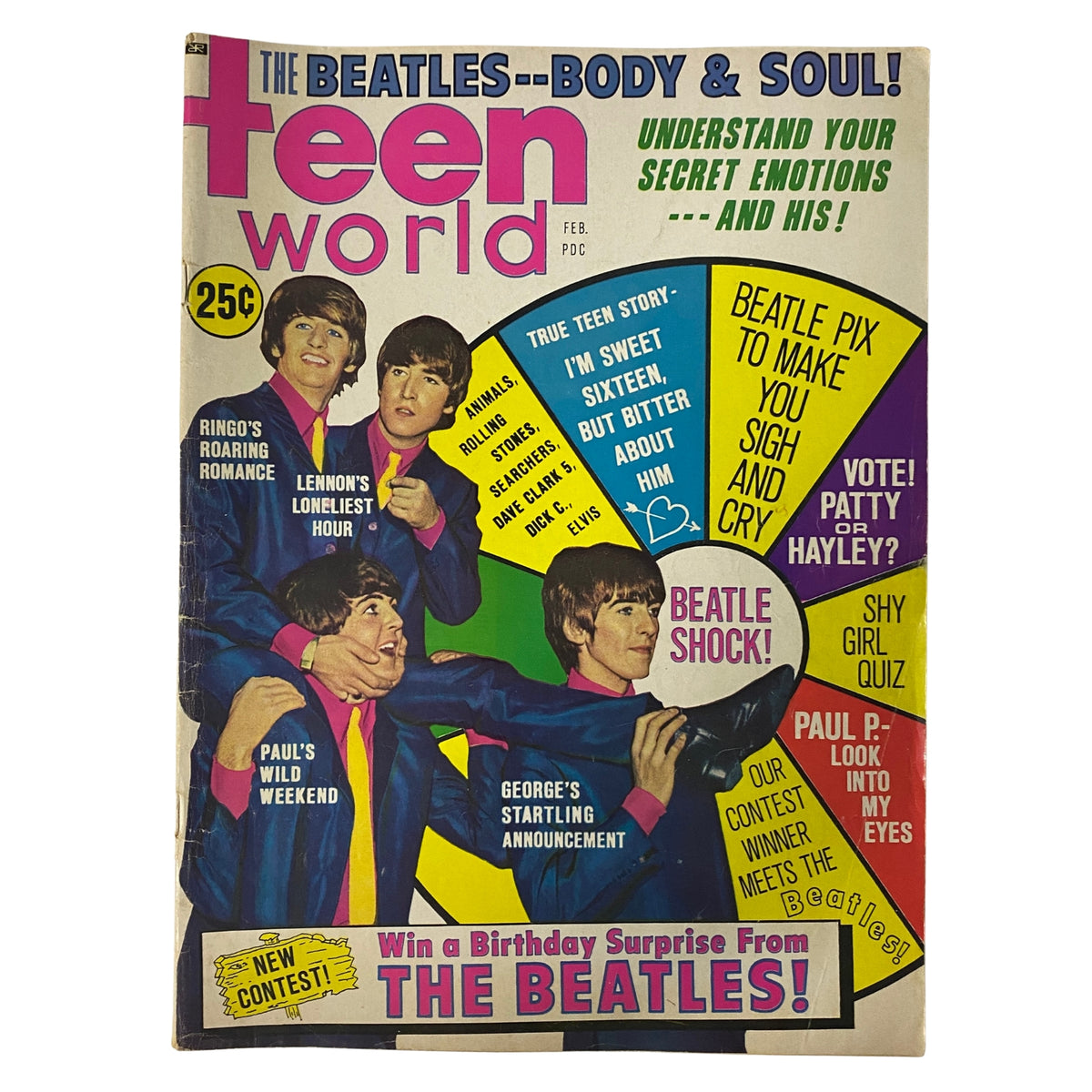 Cover of Teen World Magazine February 1965 Vol 7 No. 6 featuring The Beatles, Ringo's Roaring Romance, and exclusive stories and quizzes for teens.