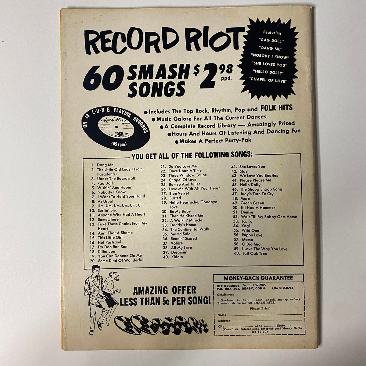 Back cover of Teen World Magazine February 1965 Vol 7 No. 6 promoting 'Record Riot' compilation of popular songs and a money-back guarantee offer.