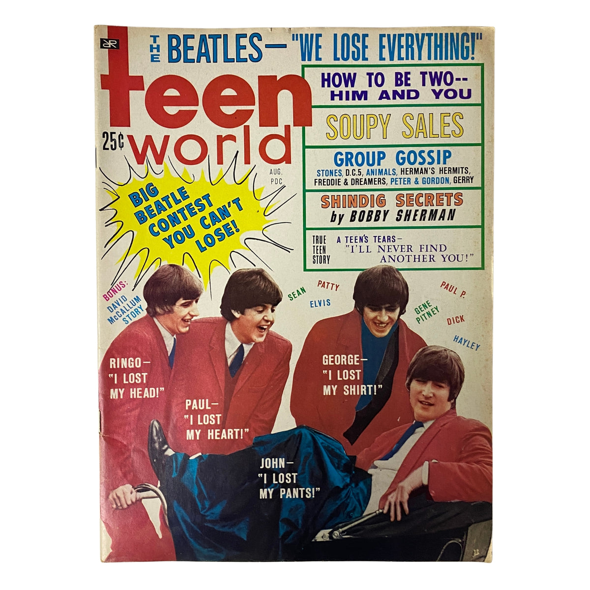 Teen World Magazine August 1965 Vol 8 No. 3 featuring The Beatles cover with the headline 'We Lose Everything!' showcasing Ringo, Paul, George, and John with humorous quotes about their losses, surrounded by vibrant colors and vintage magazine aesthetics.