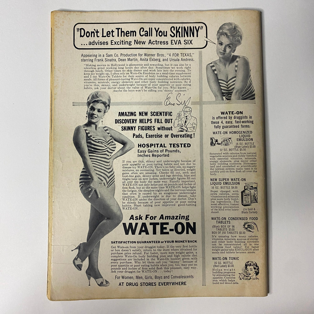 Back cover of Teen World Magazine September 1964 Vol 7 No 3 featuring an advertisement for Wate-On, promoting a weight-gain product, representing 1960s advertising trends.