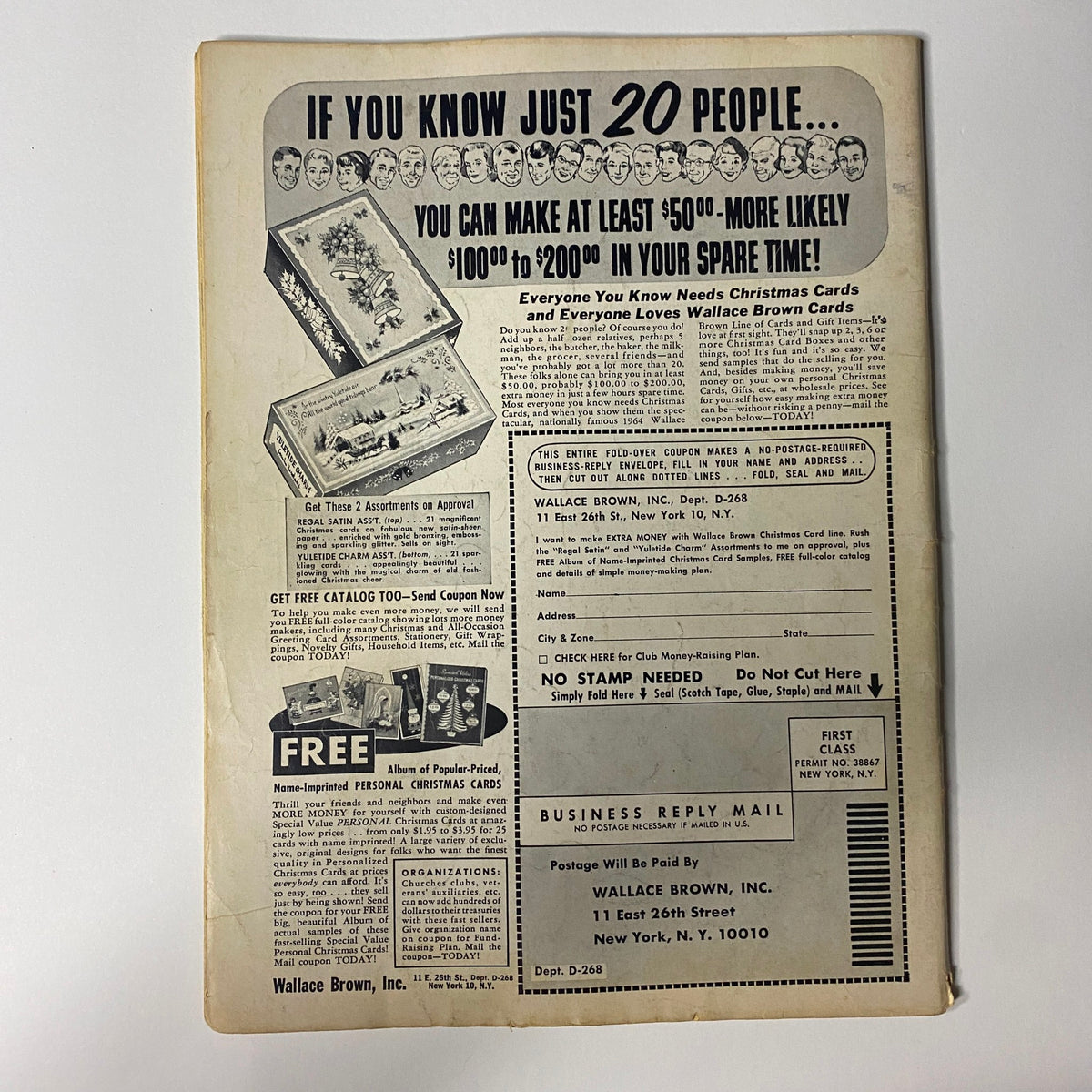 Back cover of Teen World Magazine August 1964 Vol 7 No. 2 The Beatles Cover, featuring advertisements and promotional offers including Christmas cards and catalog information.
