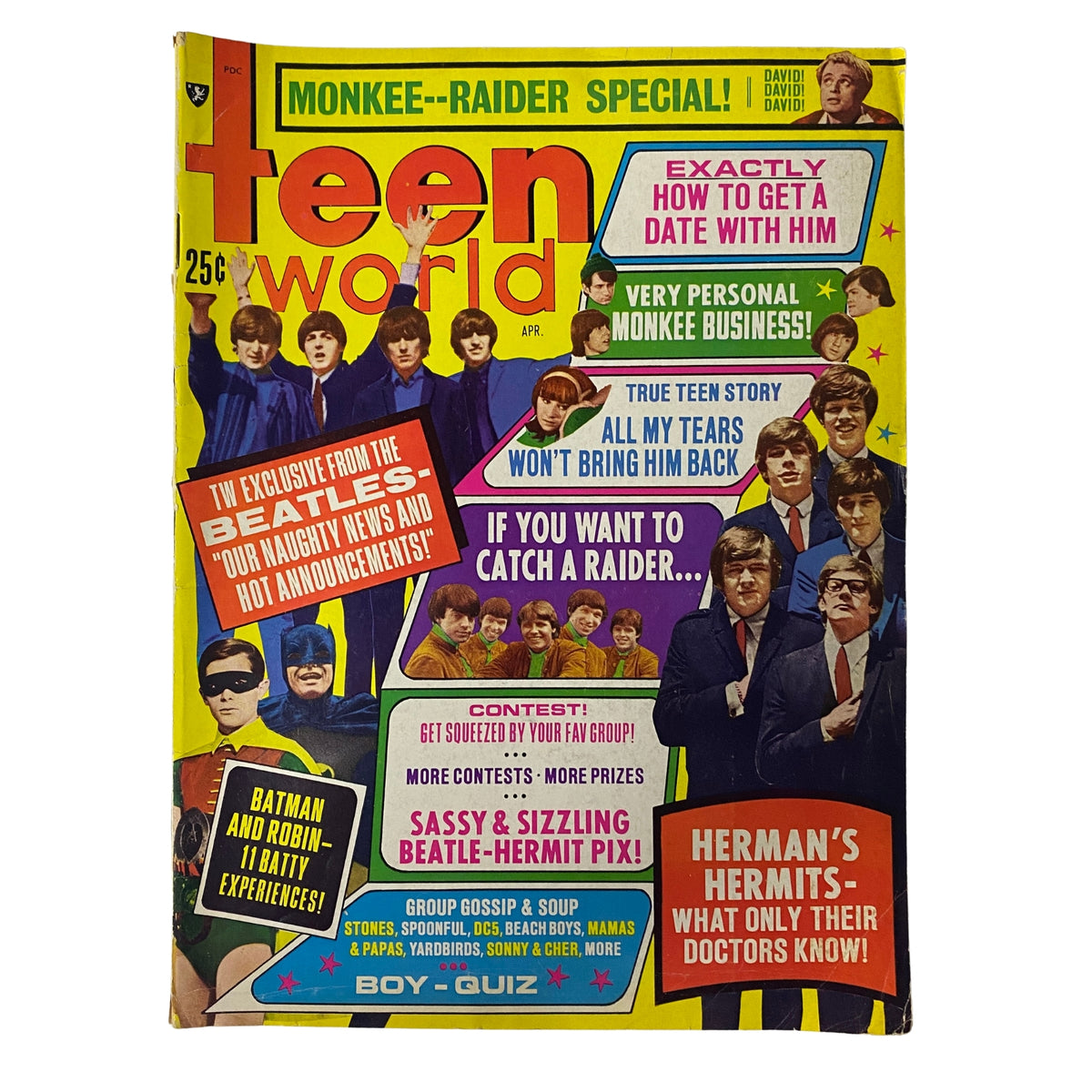 Teen World Magazine April 1967 Vol 10 No. 5 featuring The Beatles on the cover with exciting titles like 'Sassy & Sizzling Beatle-Hermit Pix!' and 'Exactly How to Get a Date With Him'.