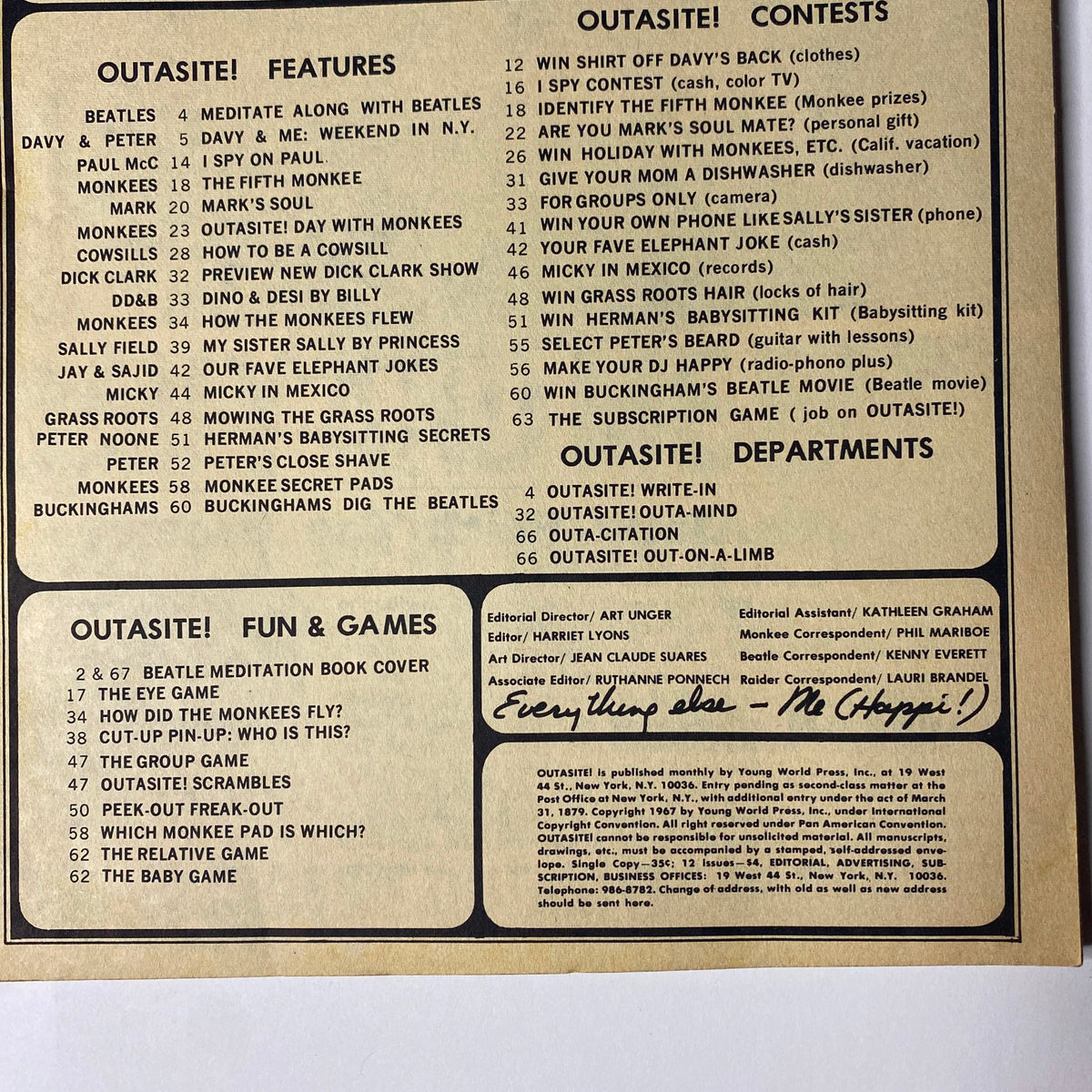 Back cover of Outasite Magazine February 1967, highlighting features, contests, and fun games related to The Monkees and other pop icons.