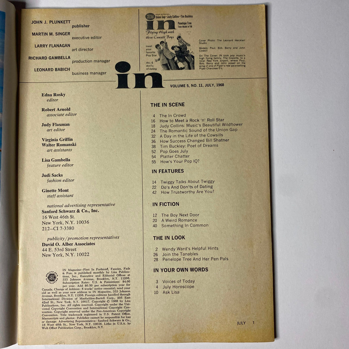 Table of contents from In Magazine, July 1968, detailing articles and features including Judy Collins and Tim Buckley.