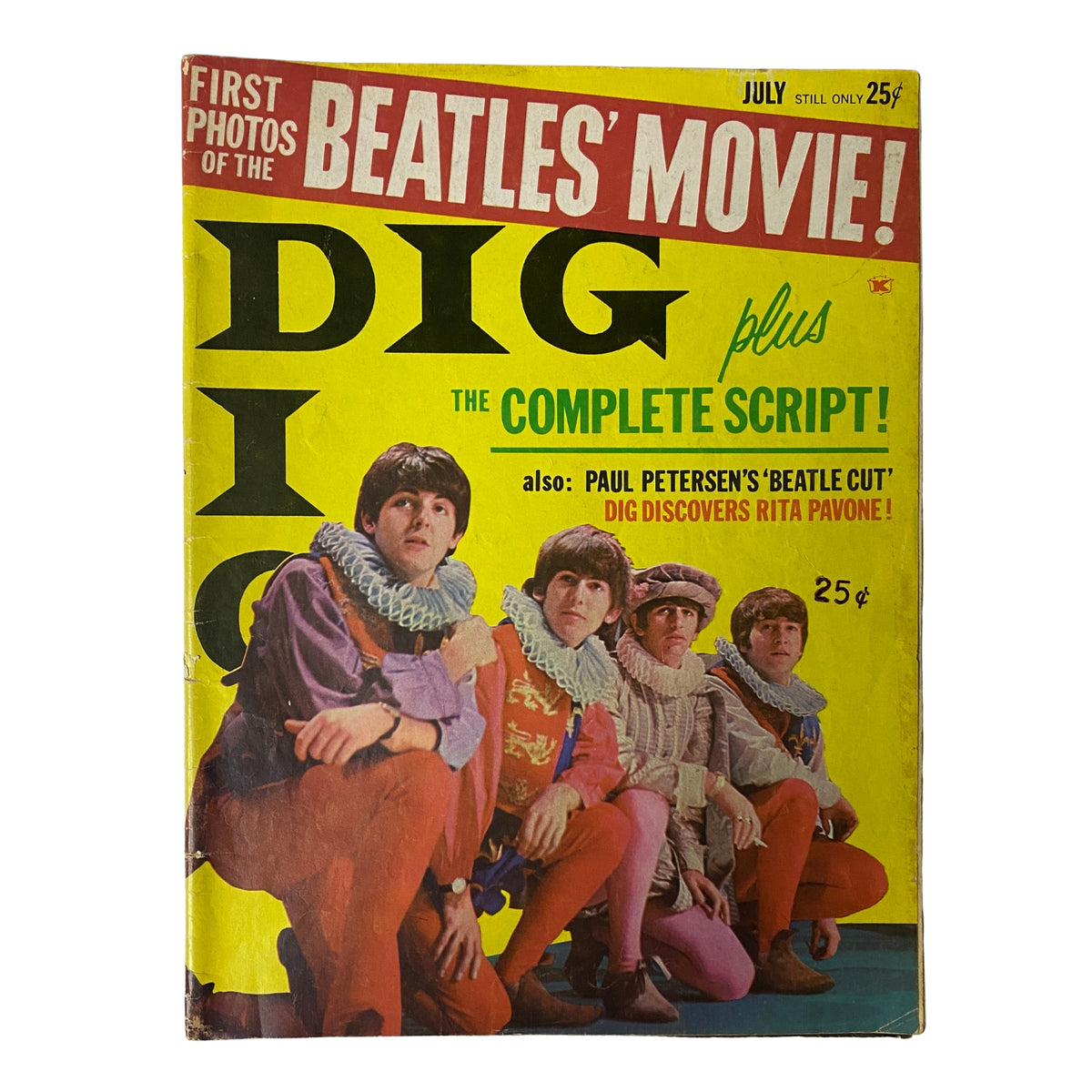 Front cover of Dig Magazine July 1964 Vol 11 No. 4 featuring Paul McCartney and The Beatles, showcasing the headline 'First Photos of The Beatles' Movie!' and vibrant yellow background with bold text.