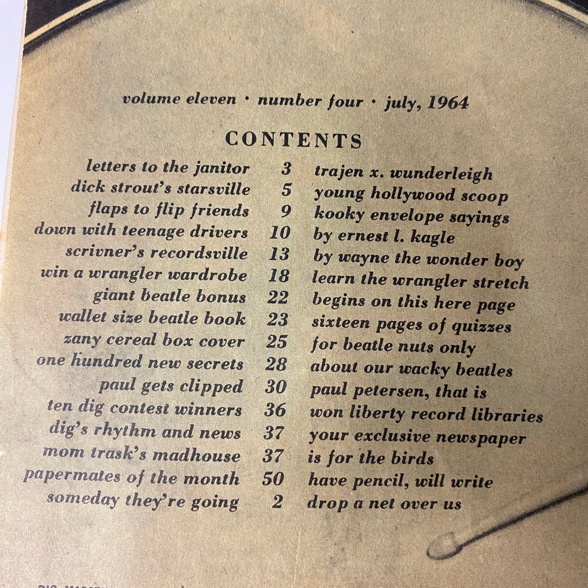 Contents page of Dig Magazine July 1964 Vol 11 No. 4 detailing articles and features including 'Letters to the Janitor', 'Dick Strout’s Starsville', and 'Giant Beatle Bonus', highlighting the magazine's focus on 1960s pop culture.