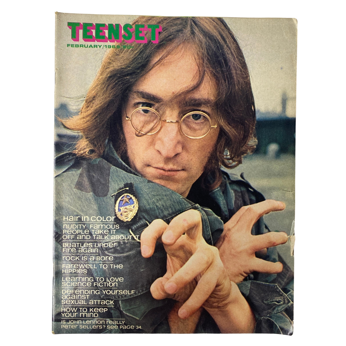 TeenSet Magazine February 1969 Vol 5 No. 2 featuring John Lennon on the cover, showcasing his signature round glasses and military jacket, highlighting articles on counterculture and rock music.