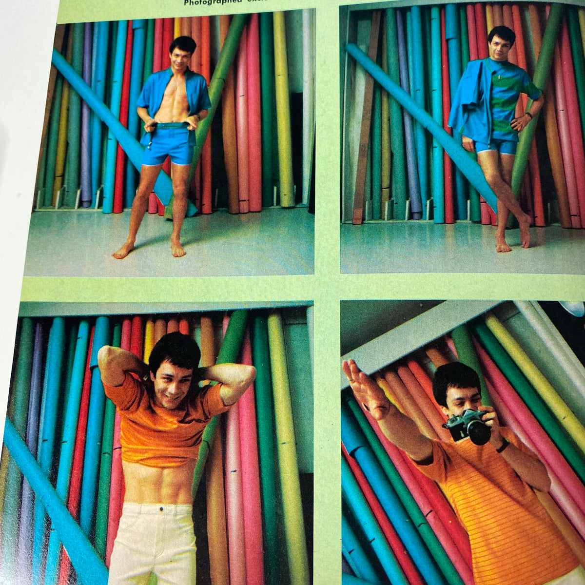 Fashion photography featuring male models dressed in bright swimwear, published in Hullabaloo Magazine May-June 1968, Vol 3 No. 4, showcasing styles from the 1960s.