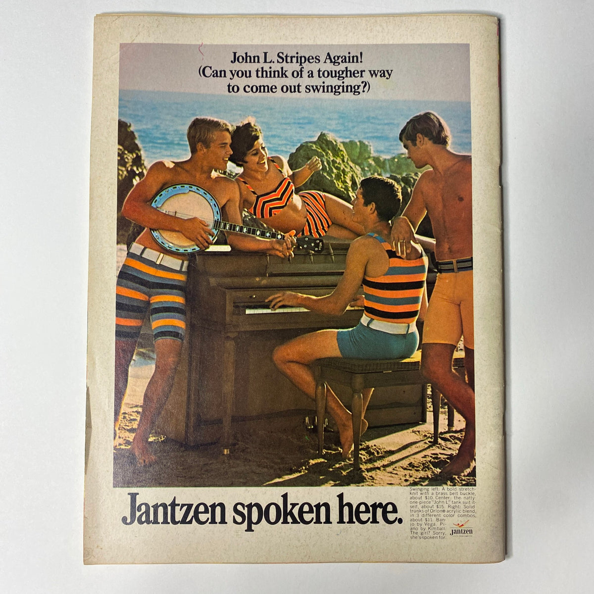 Vintage beach scene advertisement featuring models in colorful swimwear, as seen in Hullabaloo Magazine May-June 1968, Vol 3 No. 4, promoting summer fashion.