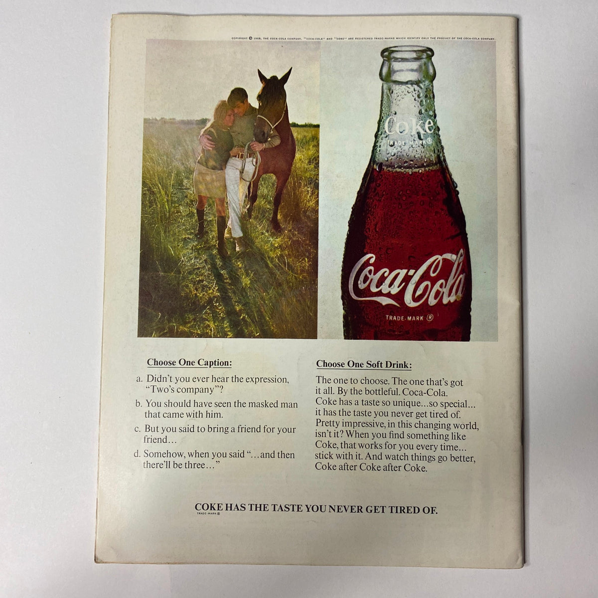 Back cover of Hullabaloo Magazine September 1968 featuring a classic Coca-Cola advertisement alongside a nostalgic pastoral scene.