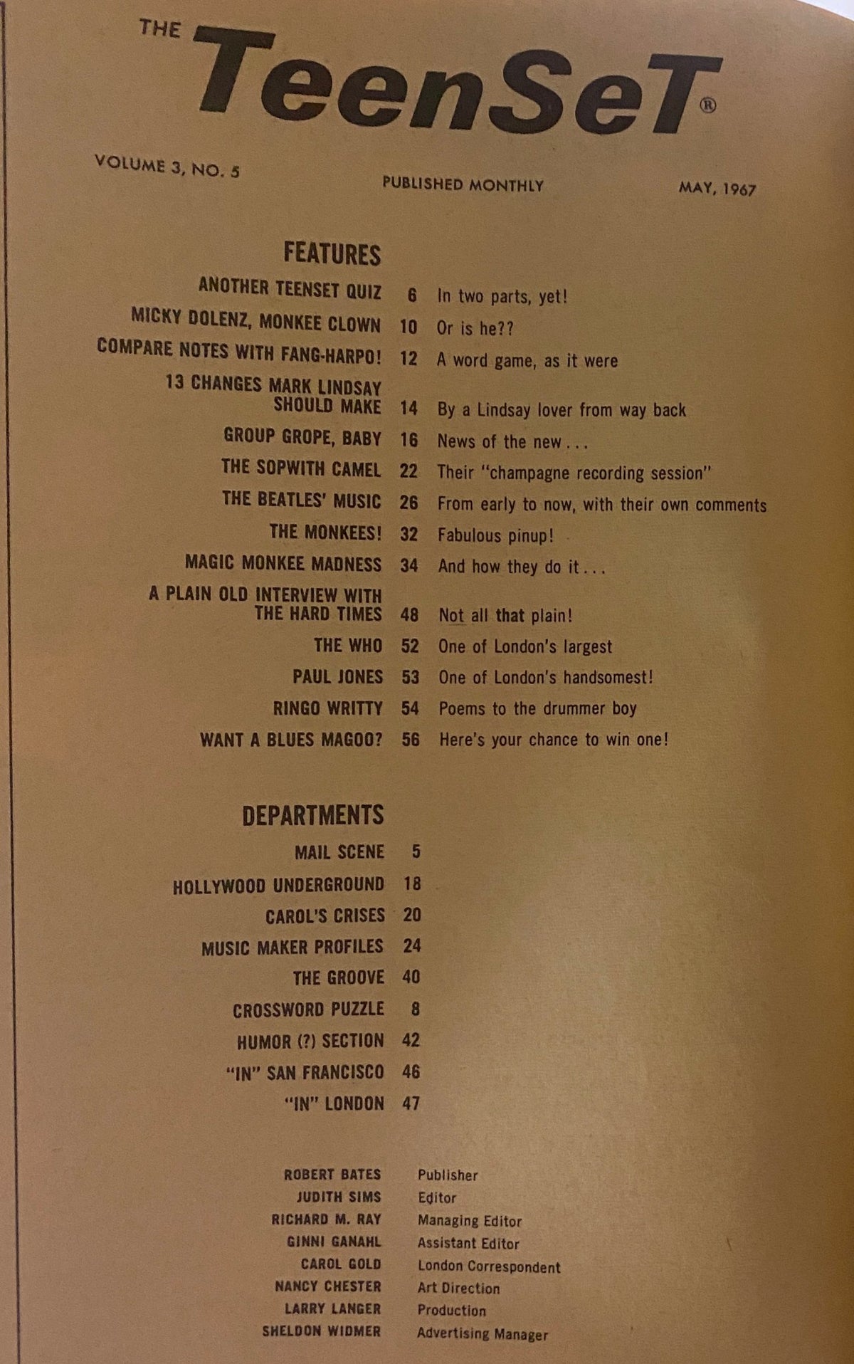 Table of contents from TeenSet Magazine May 1967 Vol 3 No. 5, highlighting featured articles about The Monkees, The Beatles, and teen celebrity culture.