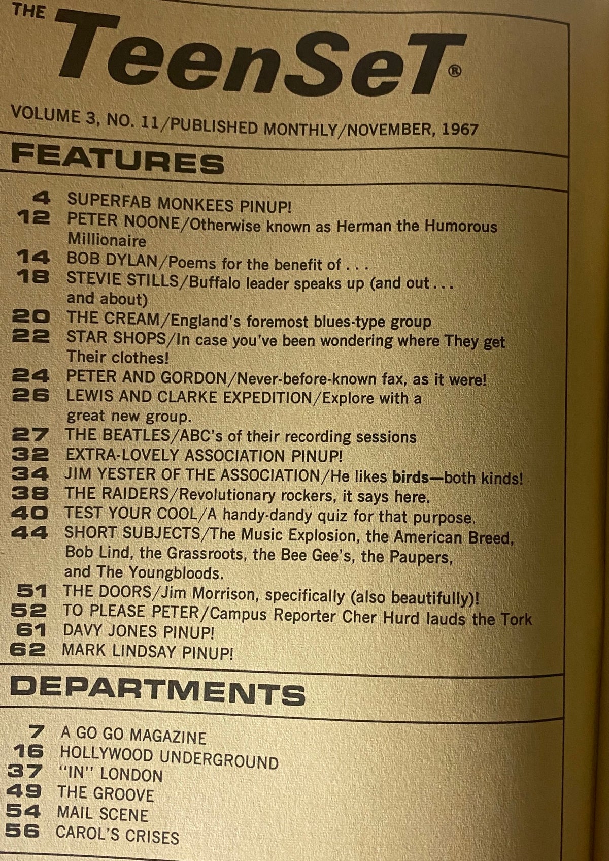 Inside page of Teen Set Magazine November 1967 listing features, including pin-ups and artist interviews, highlighting popular music culture of the time.