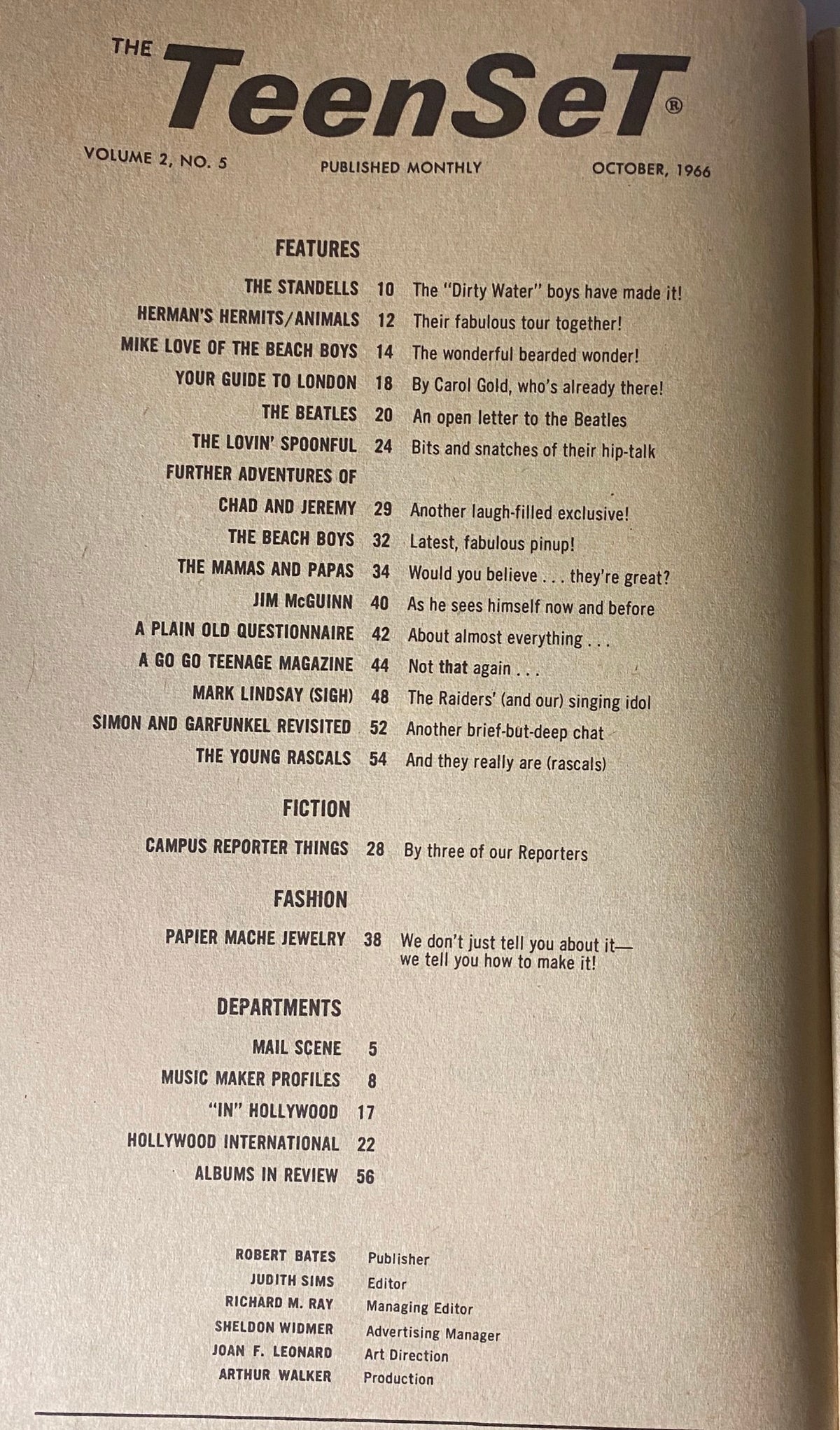 Contents page of Teen Set Magazine October 1966 listing features such as The Beach Boys, The Mamas and Papas, and fashion sections, highlighting the magazine's focus on 1960s teen culture.