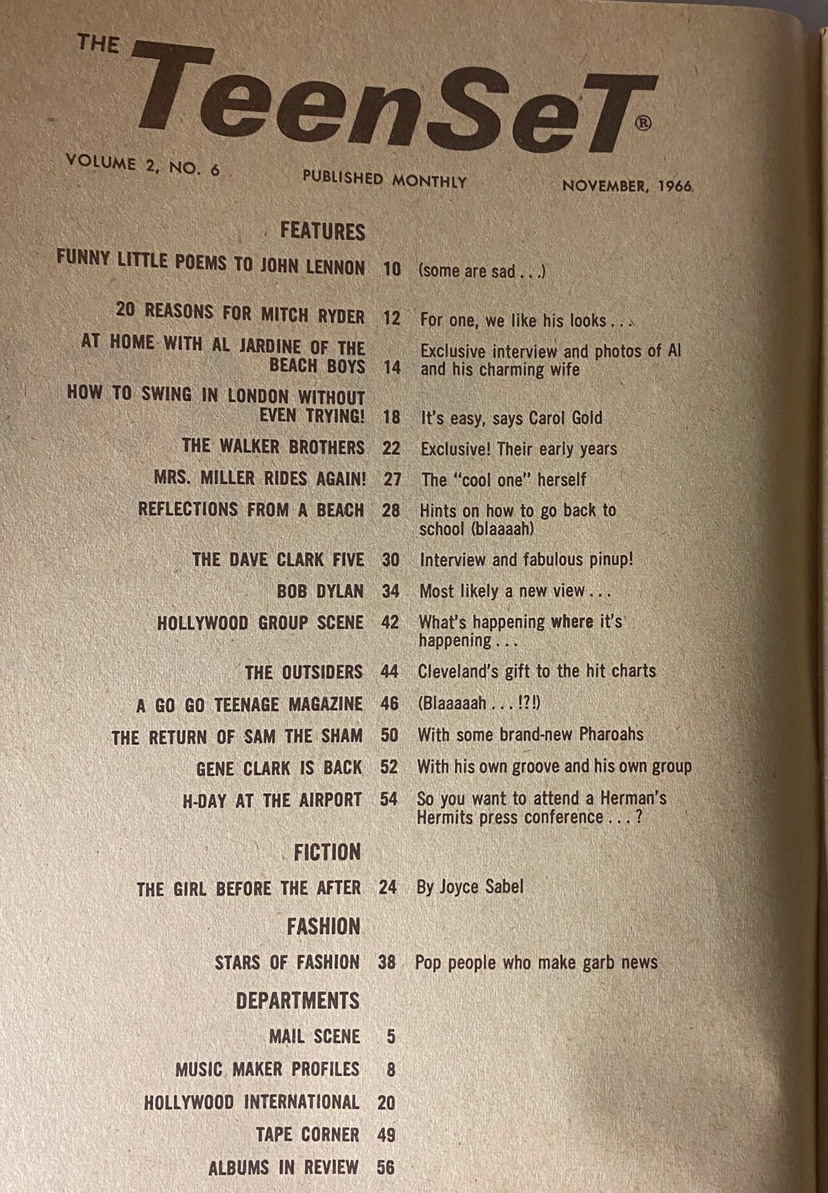 Table of contents from Teen Set Magazine November 1966 Vol. 2 No. 6, listing features like Funny Little Poems to John Lennon and At Home with Al Jardine of The Beach Boys.