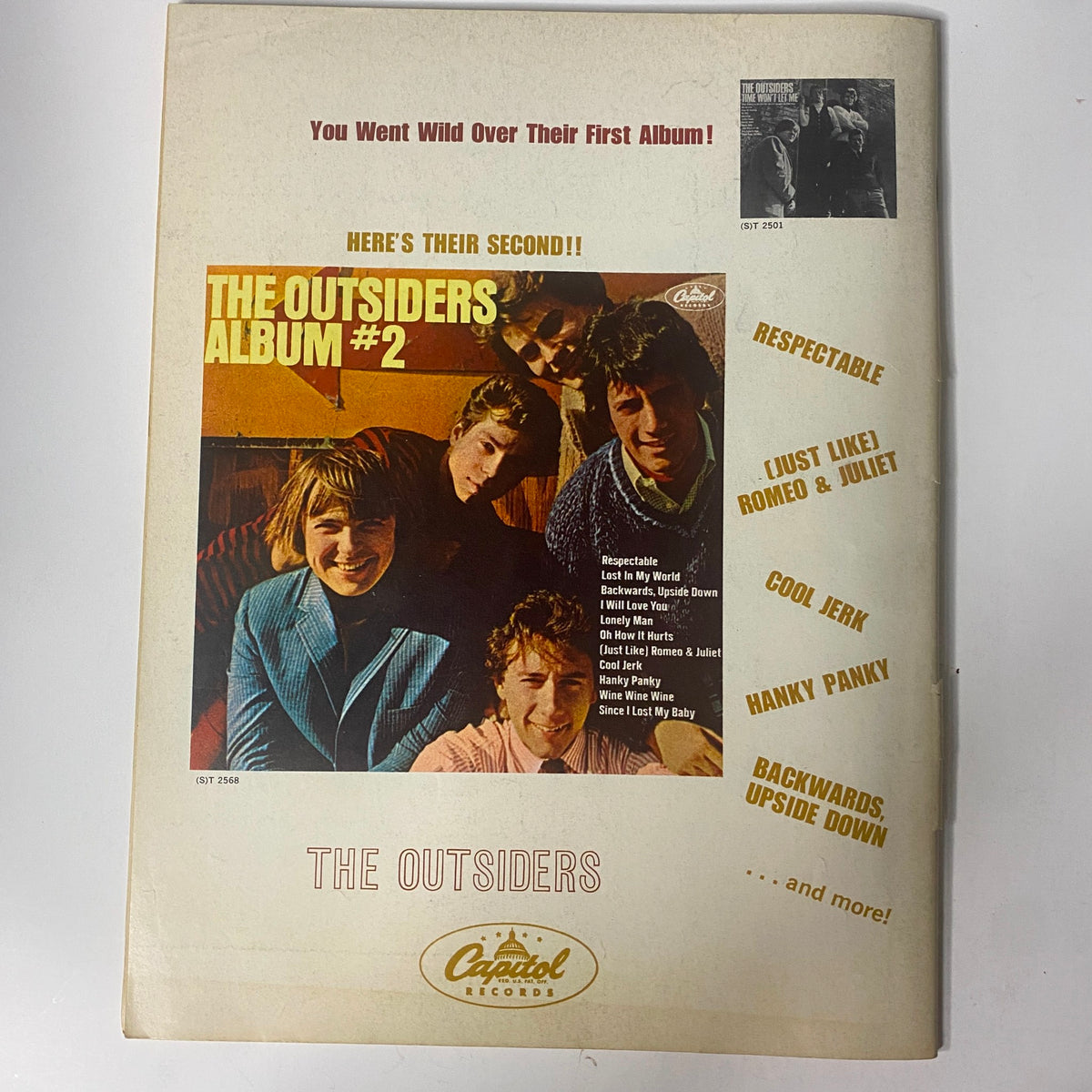 Cover of Teen Set Magazine November 1966 Vol. 2 No. 6 showcasing The Outsiders Album #2 advertisement with the band members' photo and list of songs, highlighting the vibrant youth culture and music influence of the era.