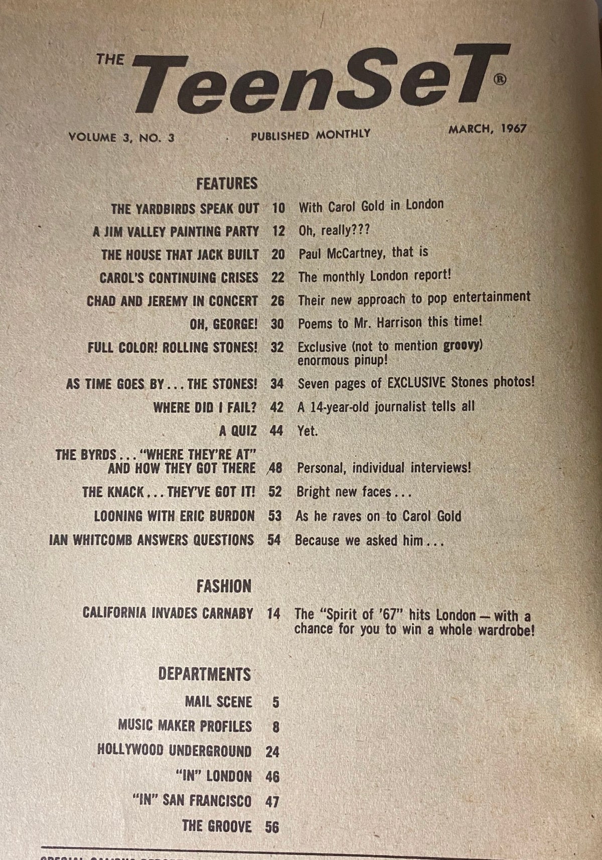 Contents page of Teen Set Magazine March 1967 outlining features like interviews with The Yardbirds, a painting party with Jim Valley, and exclusive Rolling Stones photos.