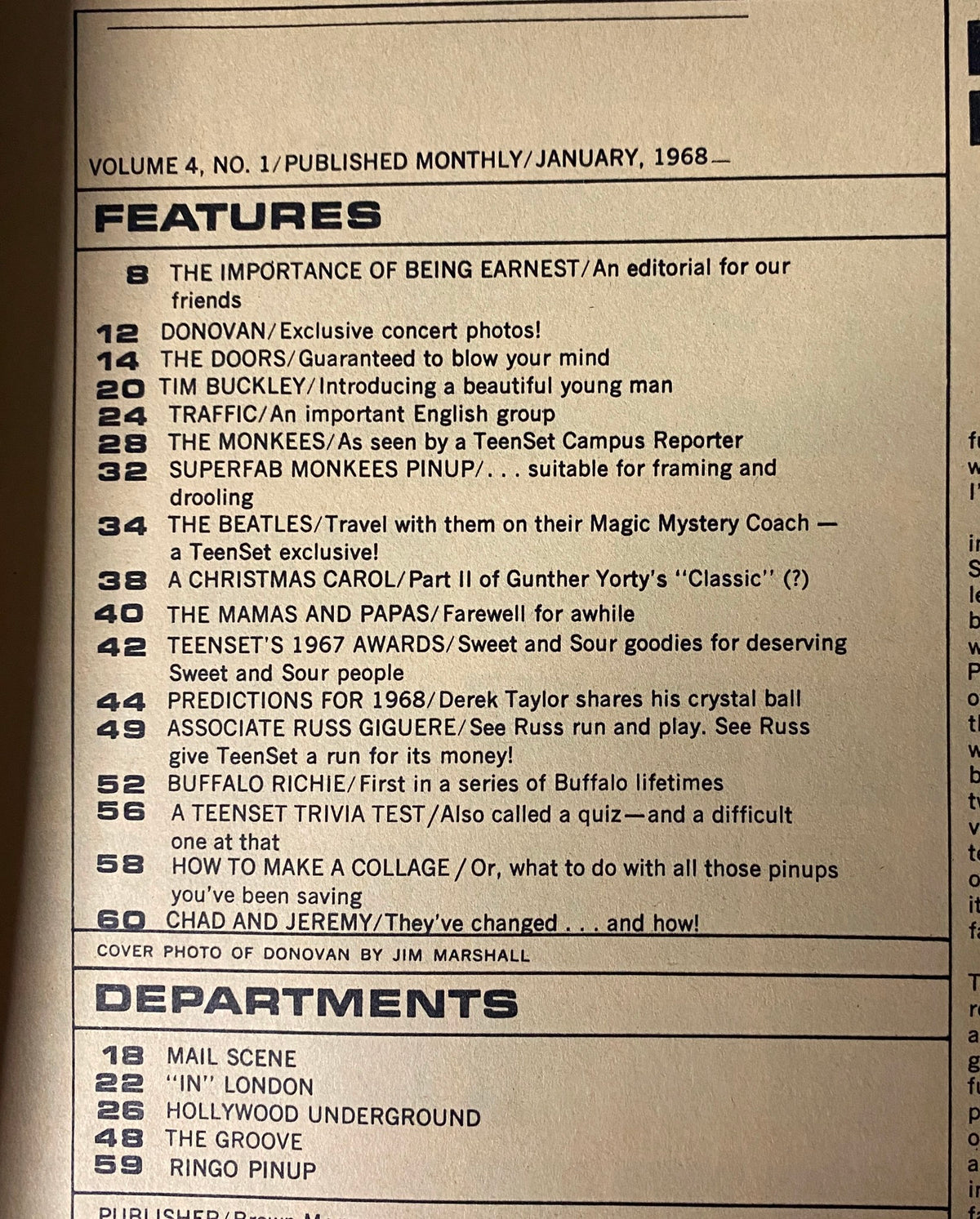 TeenSet Magazine January 1968 Vol. 4 No. 1 contents page listing features including The Beatles, Donovan, and predictions for the future by Derek Taylor.