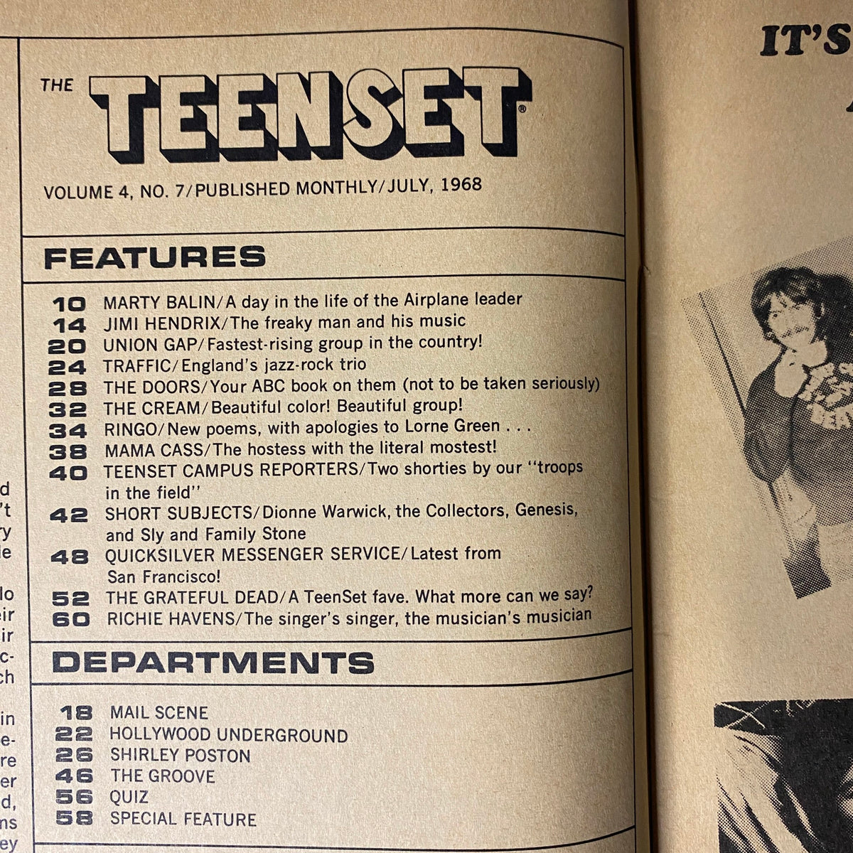 Inside page of TeenSet Magazine July 1968 displaying a detailed table of contents highlighting featured articles about Marty Balin, Jimi Hendrix, and other rock artists.