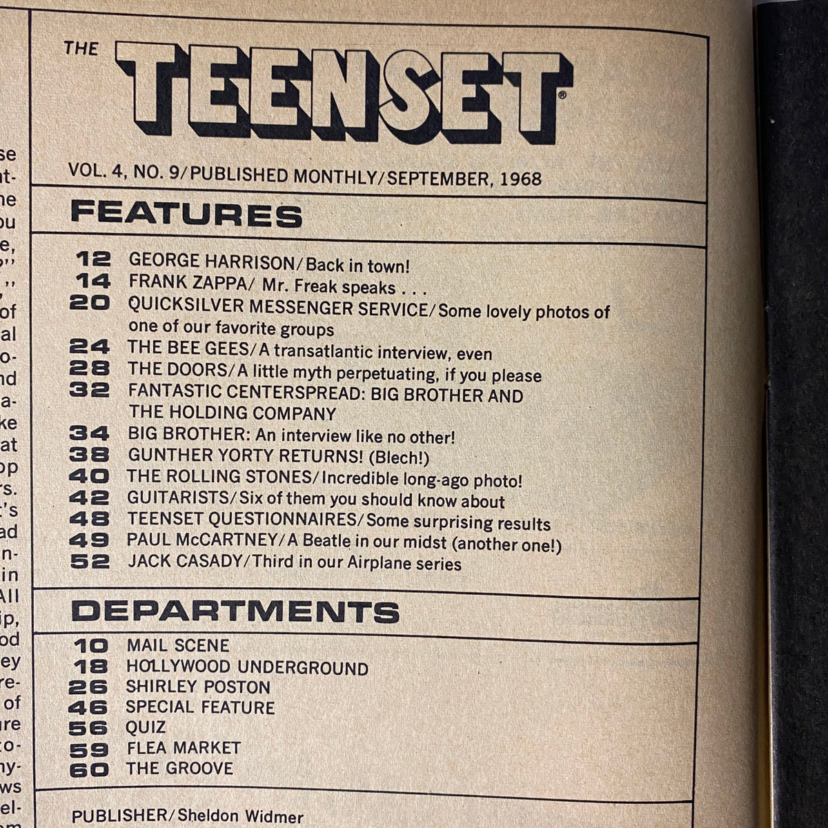 Table of contents from TeenSet Magazine September 1968 Vol 4 No. 9 outlining features on George Harrison, Frank Zappa, The Doors, and Big Brother, highlighting key articles and departments.