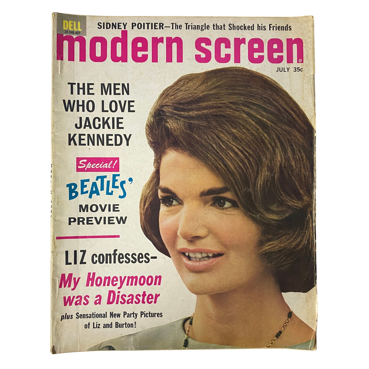 Modern Screen Magazine July 1964 cover featuring Jackie Kennedy, highlighting articles on celebrities like The Beatles and Elizabeth Taylor.