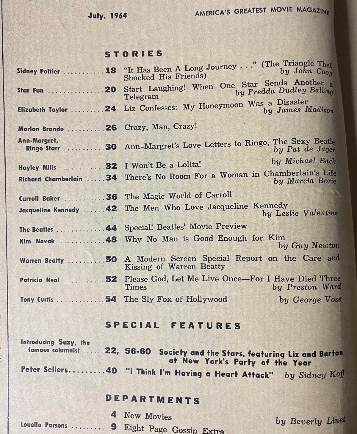Table of contents for Modern Screen Magazine July 1964, detailing stories including Sidney Poitier, Marlon Brando, and Ann-Margret.
