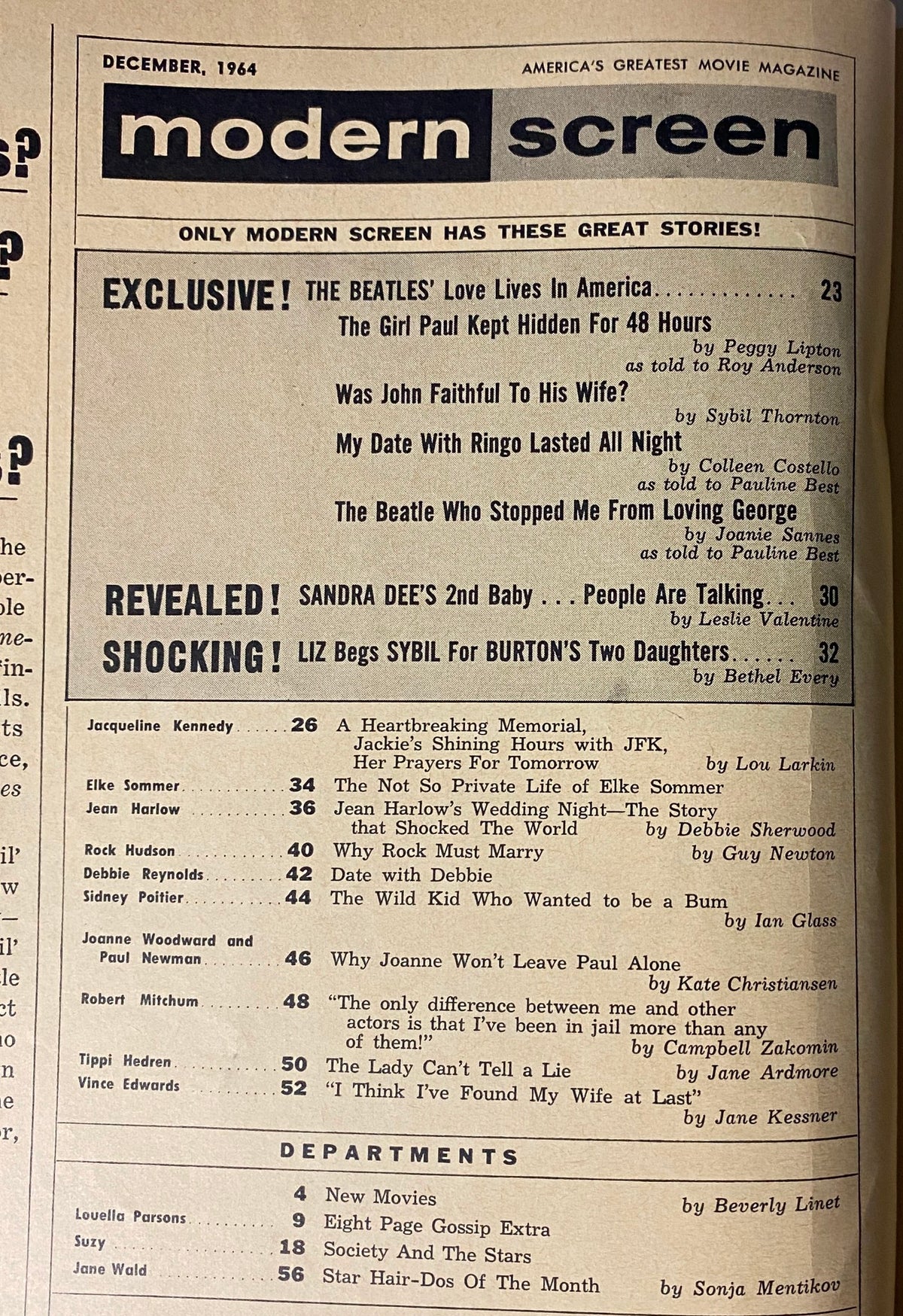 Table of contents from Modern Screen Magazine December 1964 showcasing feature stories including 'Was John Faithful to His Wife?' and celebrity gossip articles related to Hollywood.