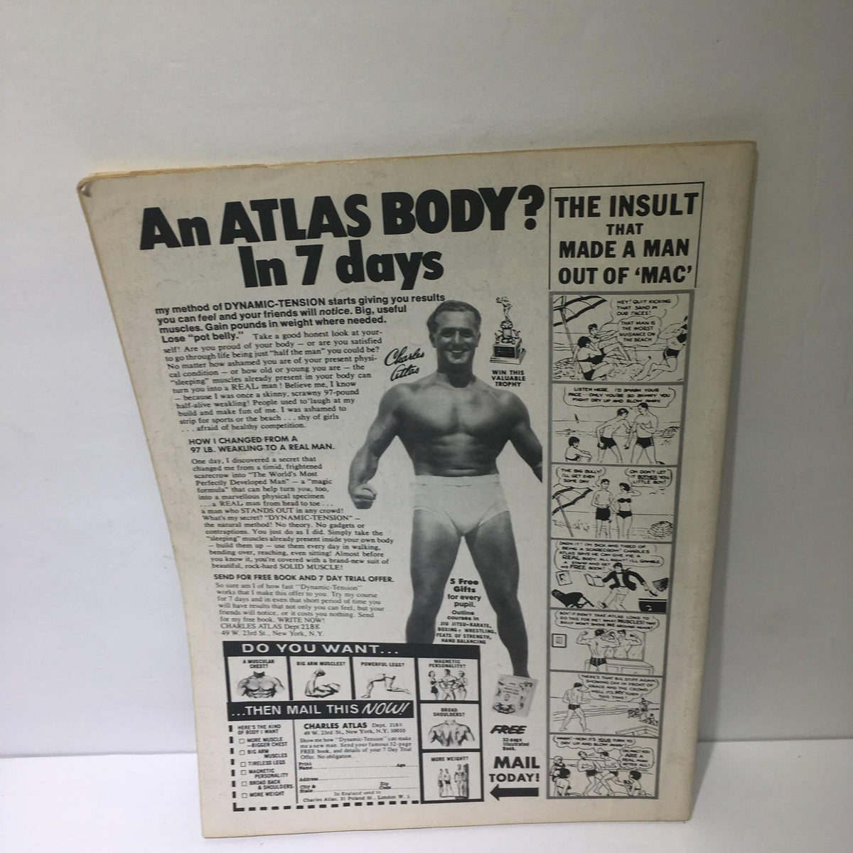 Promotional back cover for the Sports Review Series: Wrestling Super Stars December 1977 magazine, showcasing an advertisement for Charles Atlas and his fitness program with a vintage aesthetic.