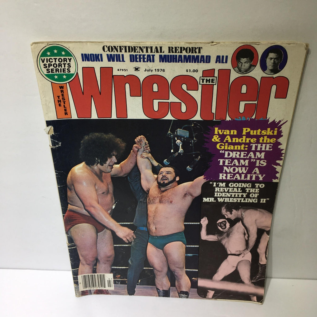 The Wrestler Magazine July 1976 featuring Andre the Giant and Ivan Putski on the cover, showcasing iconic wrestling figures in action with a caption about their partnership.