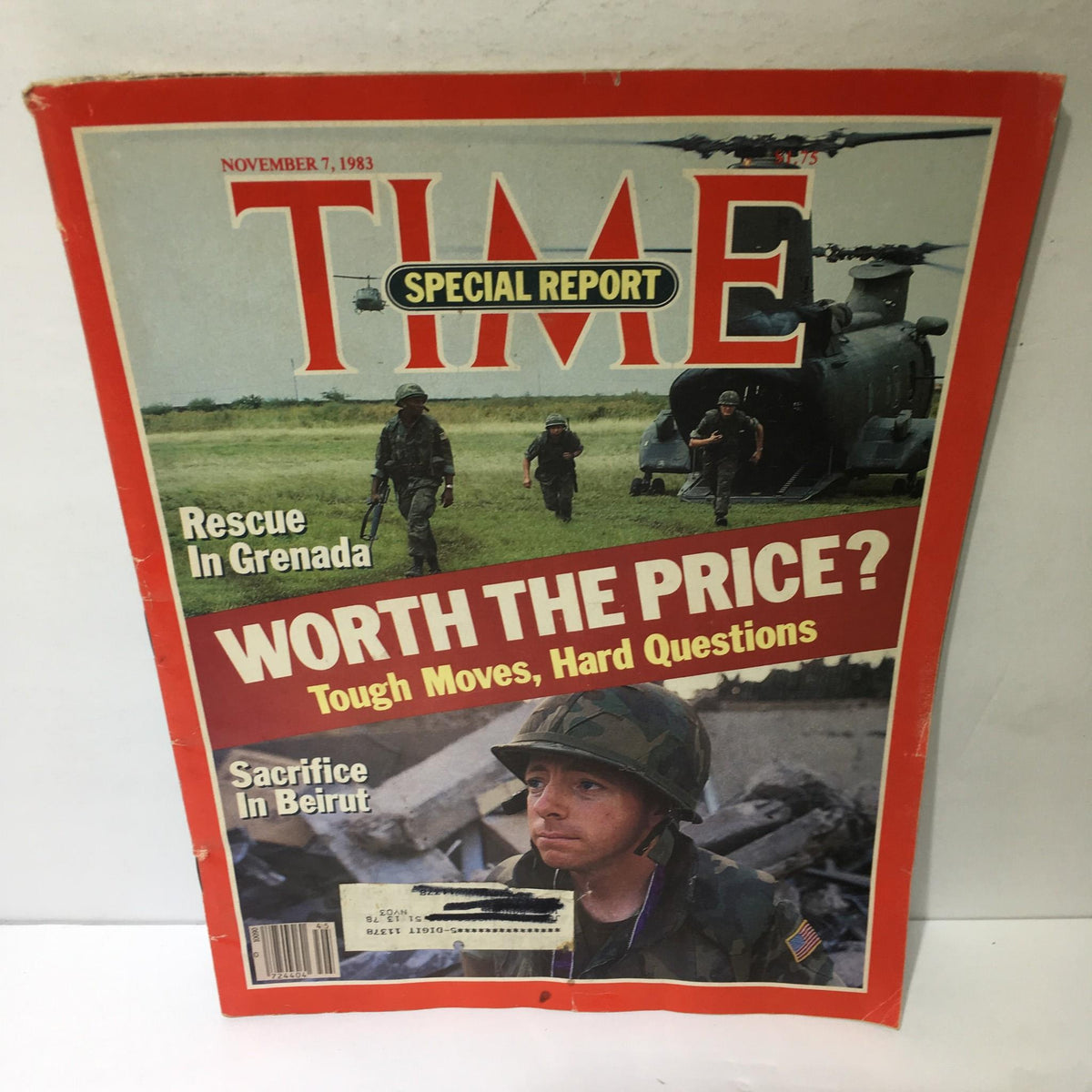 Cover of Time Magazine from November 7, 1983 featuring the title 'Rescue In Granada' and 'Sacrifice In Beirut', with soldiers in a field and a helicopter in the background.