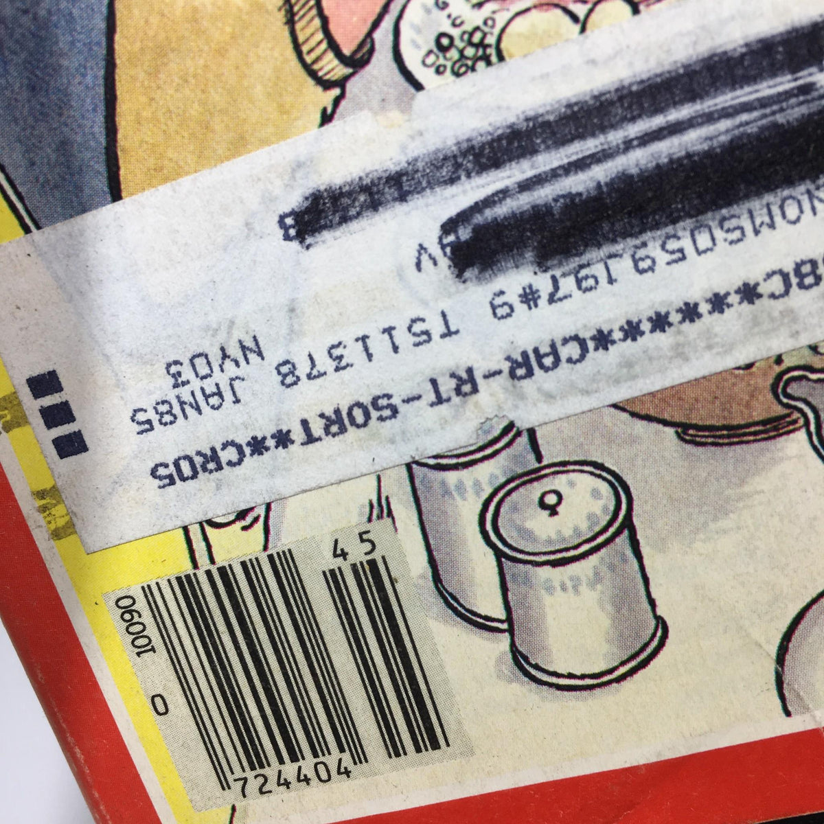 Detail image of the original address label and barcode on the cover of Time Magazine, dated November 5, 1984, titled 'Mind Your Manners! The New Concern with Civility'.