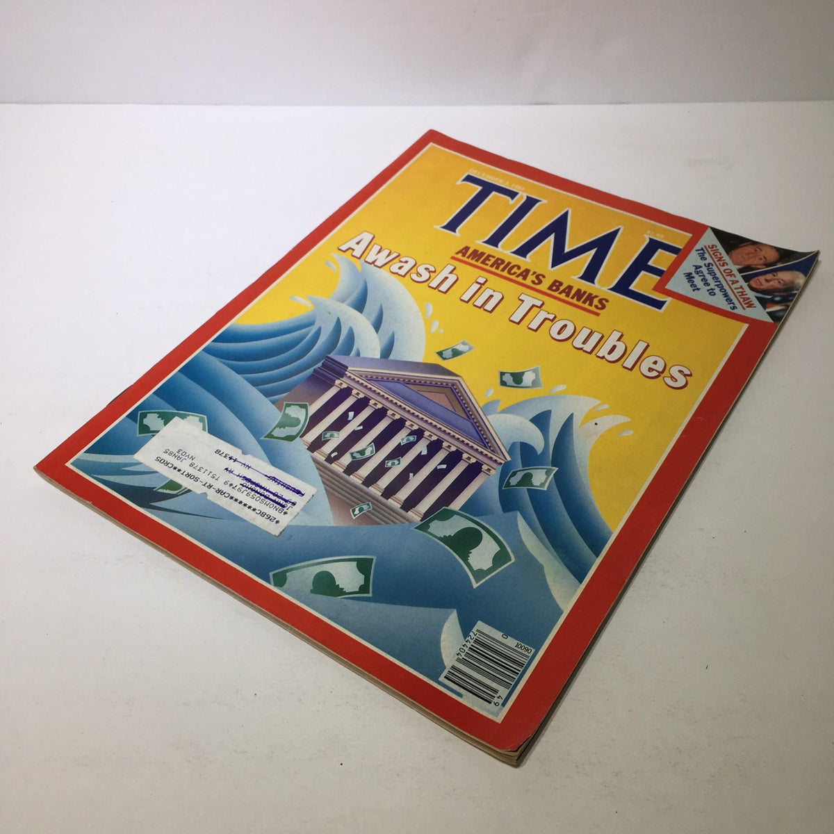 Cover of Time Magazine from December 3, 1984, titled "America's Banks Awash in Trouble," depicting a bank building surrounded by turbulent waves and dollar bills, highlighting the banking crisis of the 1980s.