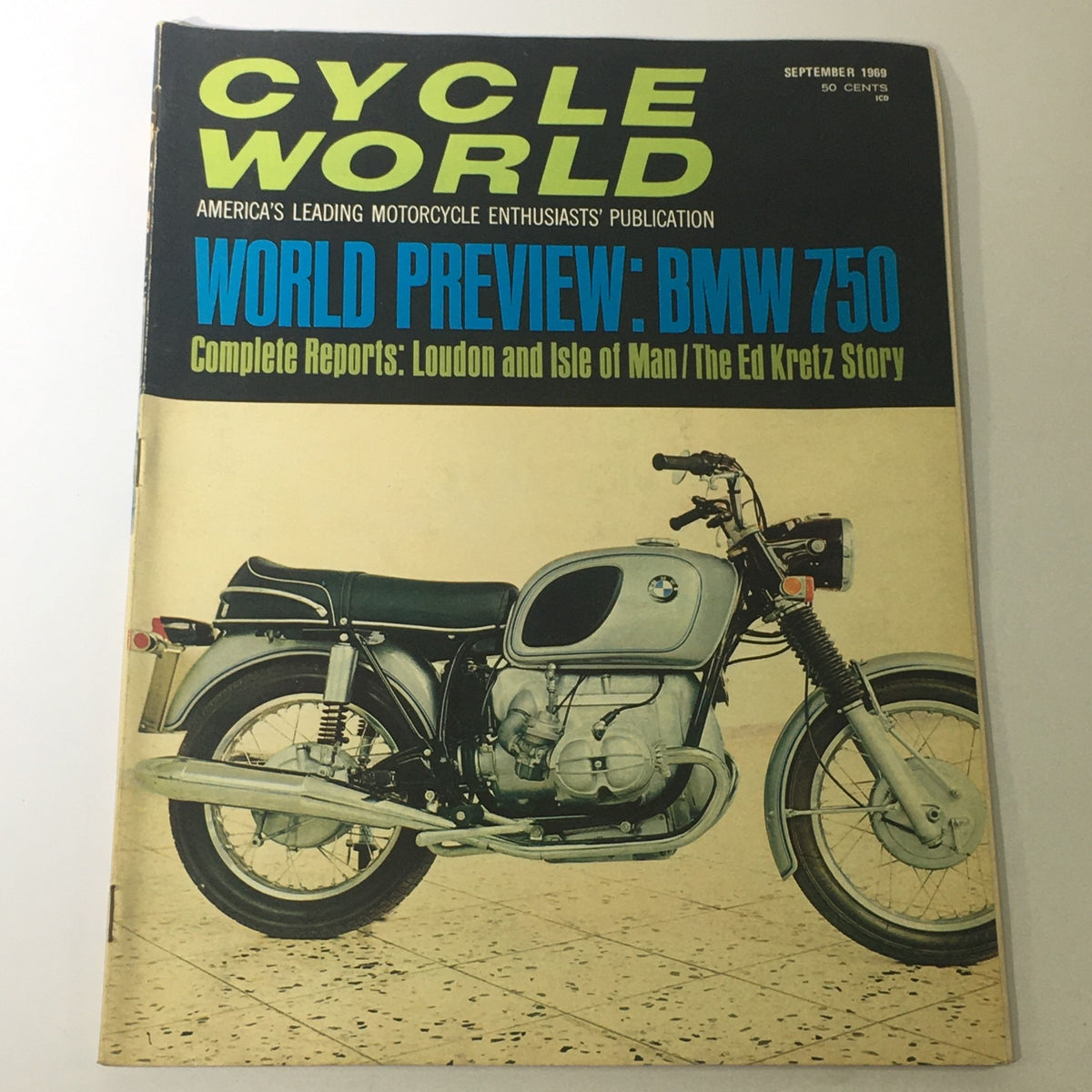 Cover of VTG Cycle World Magazine from September 1969 featuring a world preview of the BMW 750 motorcycle and the Ed Kretz story, showcasing vintage motorcycle culture.