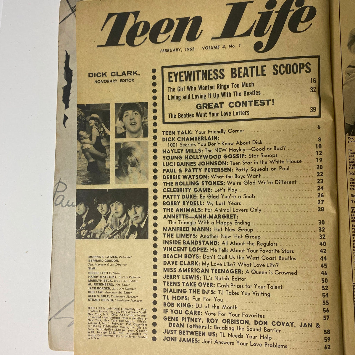 Contents page of Teen Life Magazine February 1965 Vol 4 No. 1 listing articles including Dick Chamberlain, Hayley Mills, and Eyewitness Beatle scoops, highlighting key features and topics in the issue.