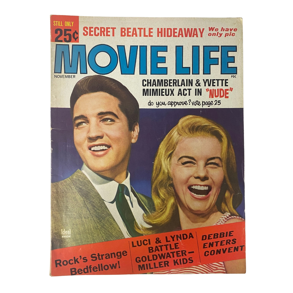 Movie Life Magazine November 1964 featuring Elvis Presley and Ann-Margret on the cover. The magazine showcases classic Hollywood culture and includes features on music legends and movie stars.