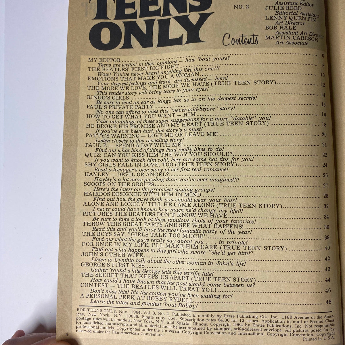 Contents page of For Teens Only Magazine November 1964 Vol 3 No. 2, listing articles including 'True Teen Story', advice columns, and features about The Beatles.