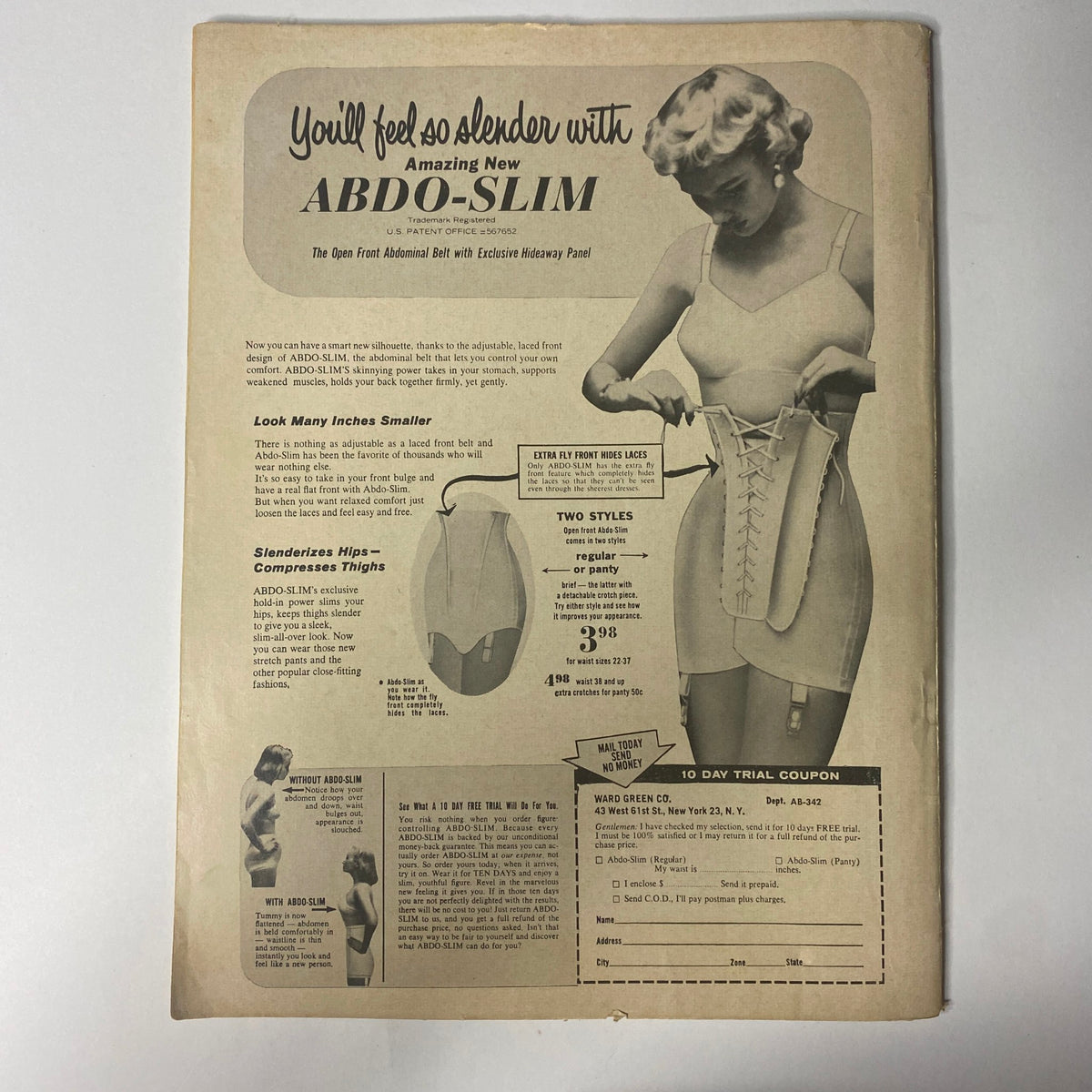 Abdo-Slim advertisement showcasing a vintage shapewear product. Highlighting features for a slender appearance, with an illustration of the garment and a description of its benefits. Part of Movie TV Secrets Magazine February 1965 featuring Liz Taylor and Marilyn Monroe.