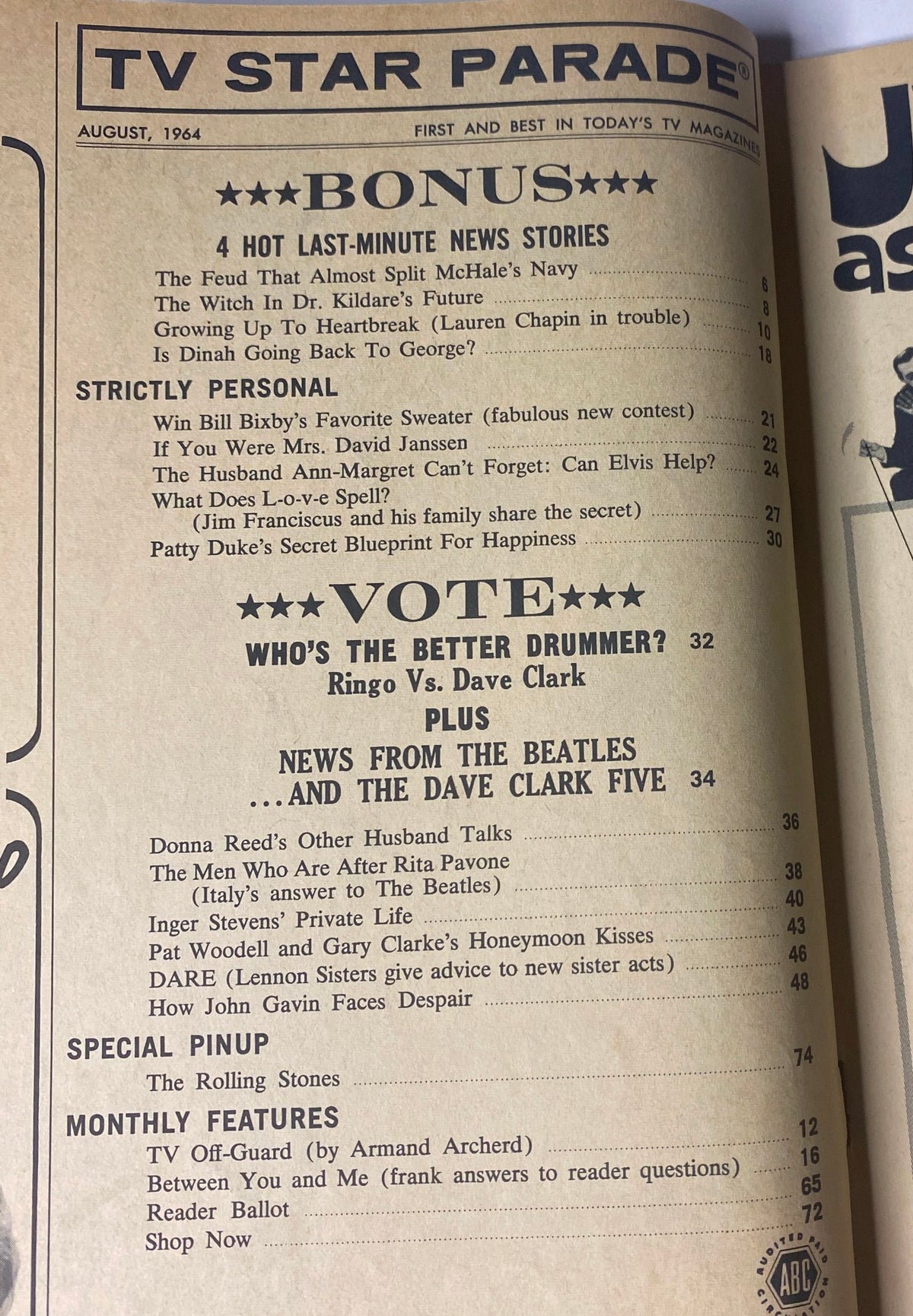 Inside page from TV Star Parade Magazine August 1964 featuring bonus stories and highlights including Ringo Starr vs. Dave Clark drum vote. Covers classic TV and rock music nostalgia.
