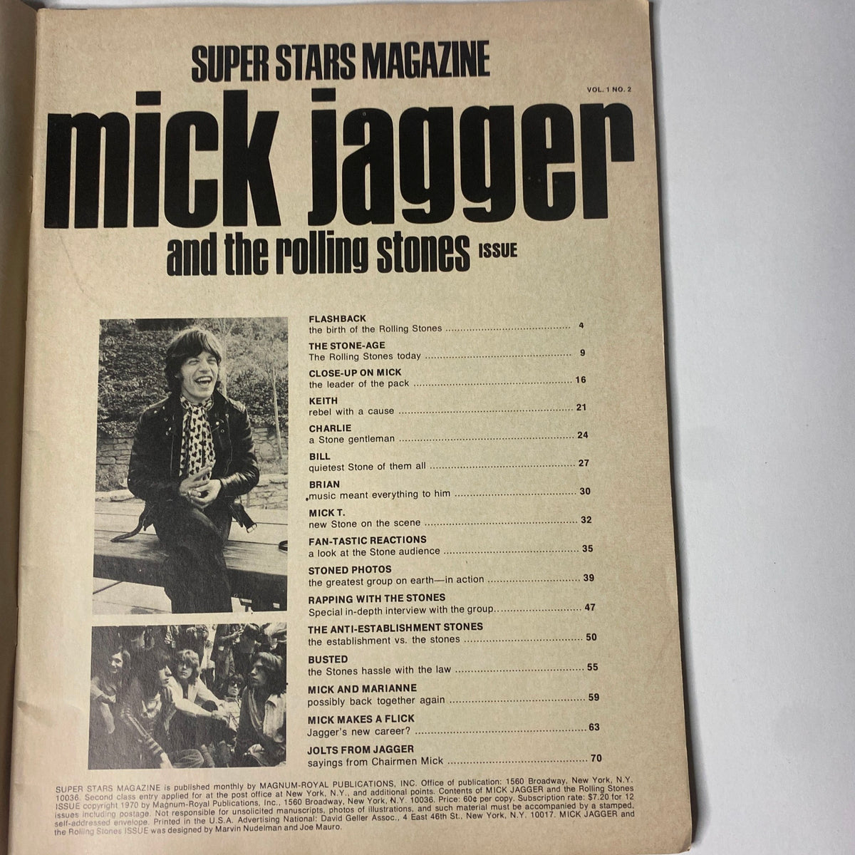Interior page of Super Stars Magazine Vol 1 No 2 with the table of contents featuring Mick Jagger and sections about The Rolling Stones.