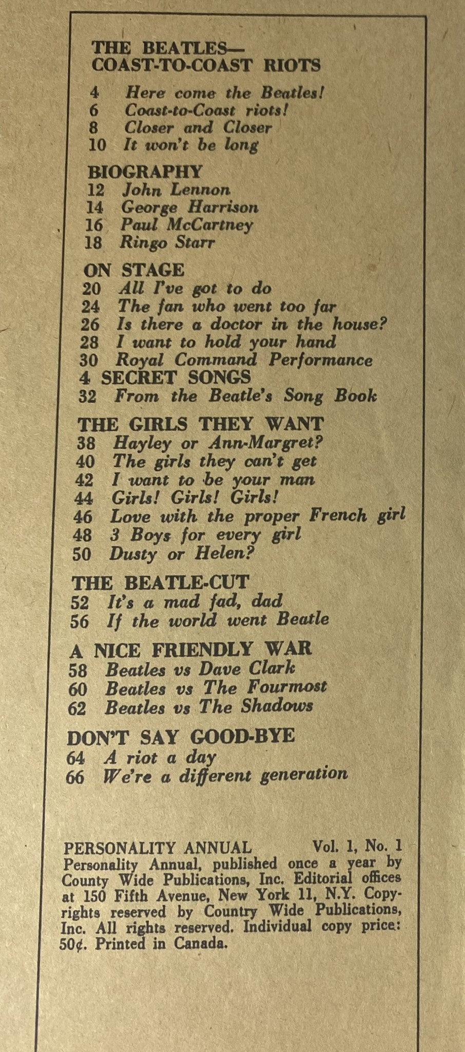Interior page of Personality Annual Vol 1 No. 1 The Beatles Cover, listing contents such as 'Beatles: Coast-to-Coast Riots', biographies, and various articles related to The Beatles.