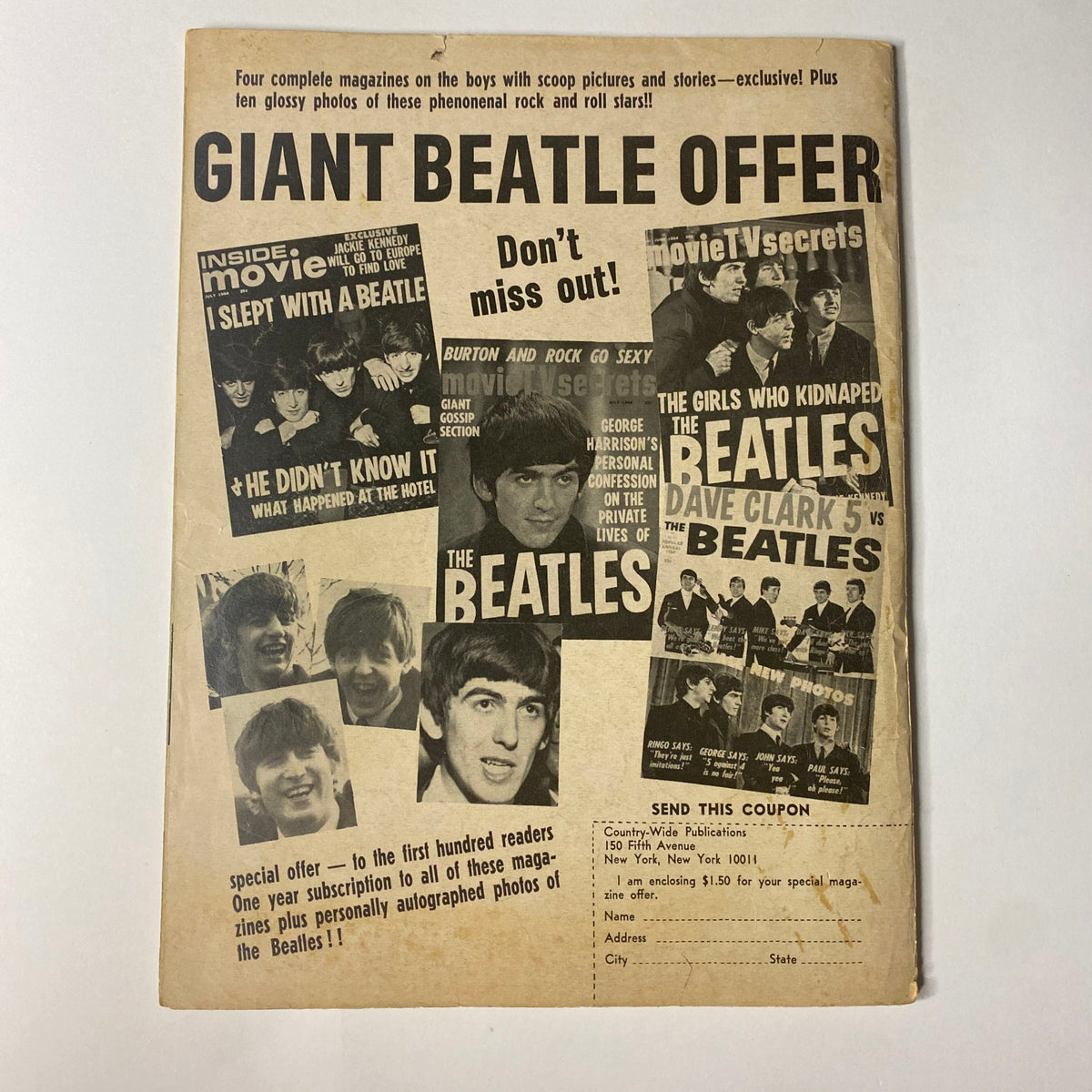 Modern Annual Magazine 1964 Vol 1 No. 1 The Beatles Cover No Label GD Interior highlighting a giant Beatles offer with promotional images and details.