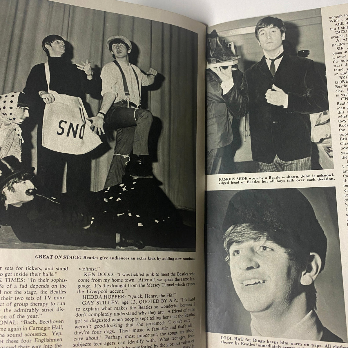Inside pages of '1964 The Original Beatles Book' showcasing Beatles on stage and candid moments, capturing the excitement and energy of their performances during the peak of Beatlemania.
