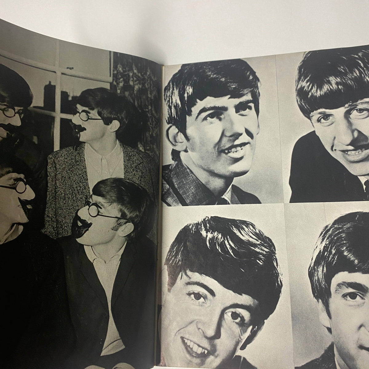 1964 The Original Beatles Book featuring Paul McCartney, George Harrison, Ringo Starr, and John Lennon in playful poses in black and white photographs, showcasing their iconic styles and personalities during the height of Beatlemania.
