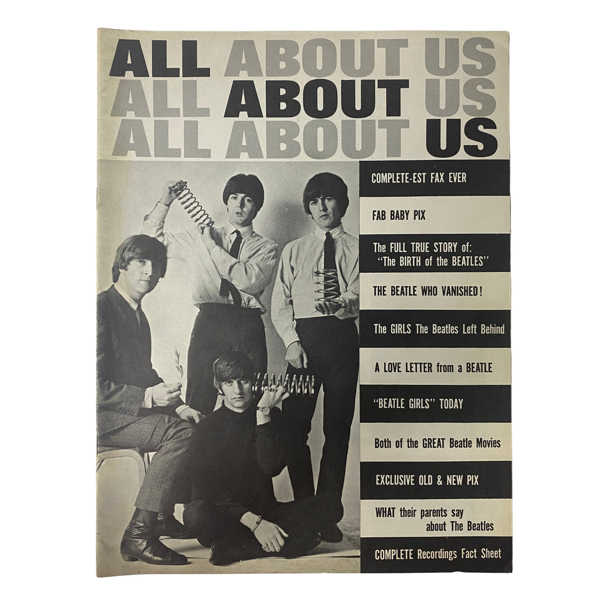 1964 All About Us The Beatles magazine cover featuring the iconic band with headlines about their childhood and personal stories.