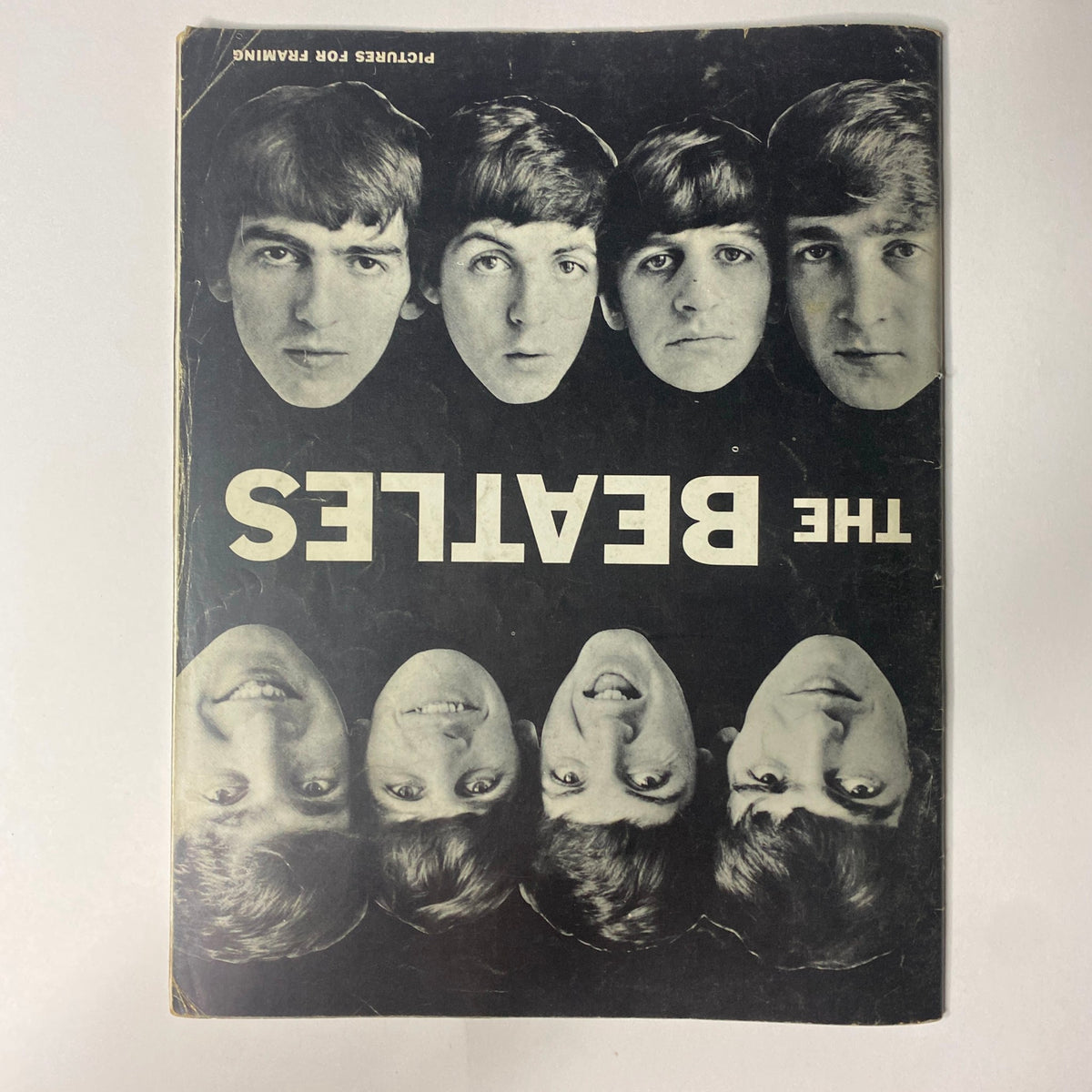 1964 The Beatles by Norman Parkinson Pictures for Framing No Label, displaying the iconic cover featuring a montage of The Beatles' faces in a striking black-and-white design, perfect for collectors of memorabilia.