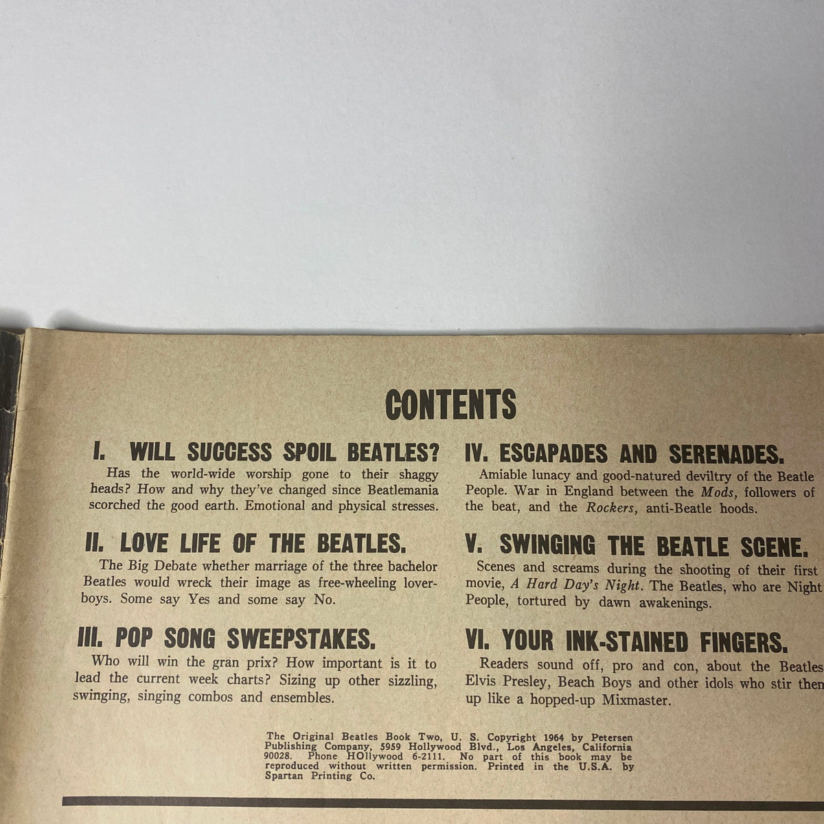 1964 The Original Beatles Book Two - Contents page detailing featured articles including 'Will Success Spoil Beatles?' and 'Escapades and Serenades'.