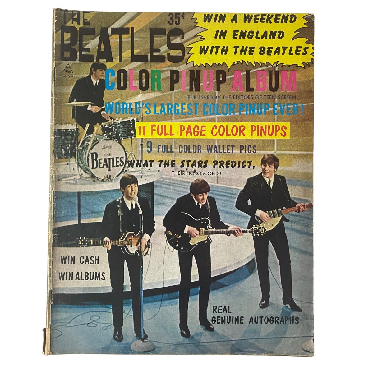 Cover of Teen Screen Magazine 1964 The Beatles Color Pinup Album featuring vibrant graphics and inviting text highlighting the magazine's features like full-page color pinups.